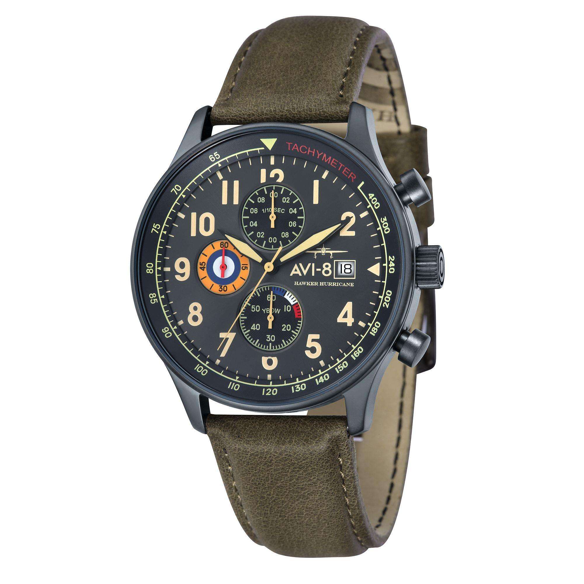Die AVI-8 Hawker Hurricane Classic Chronograph Uhr mit schwarzem Zifferblatt und grünem Lederarmband für Herren AV-4011-0E