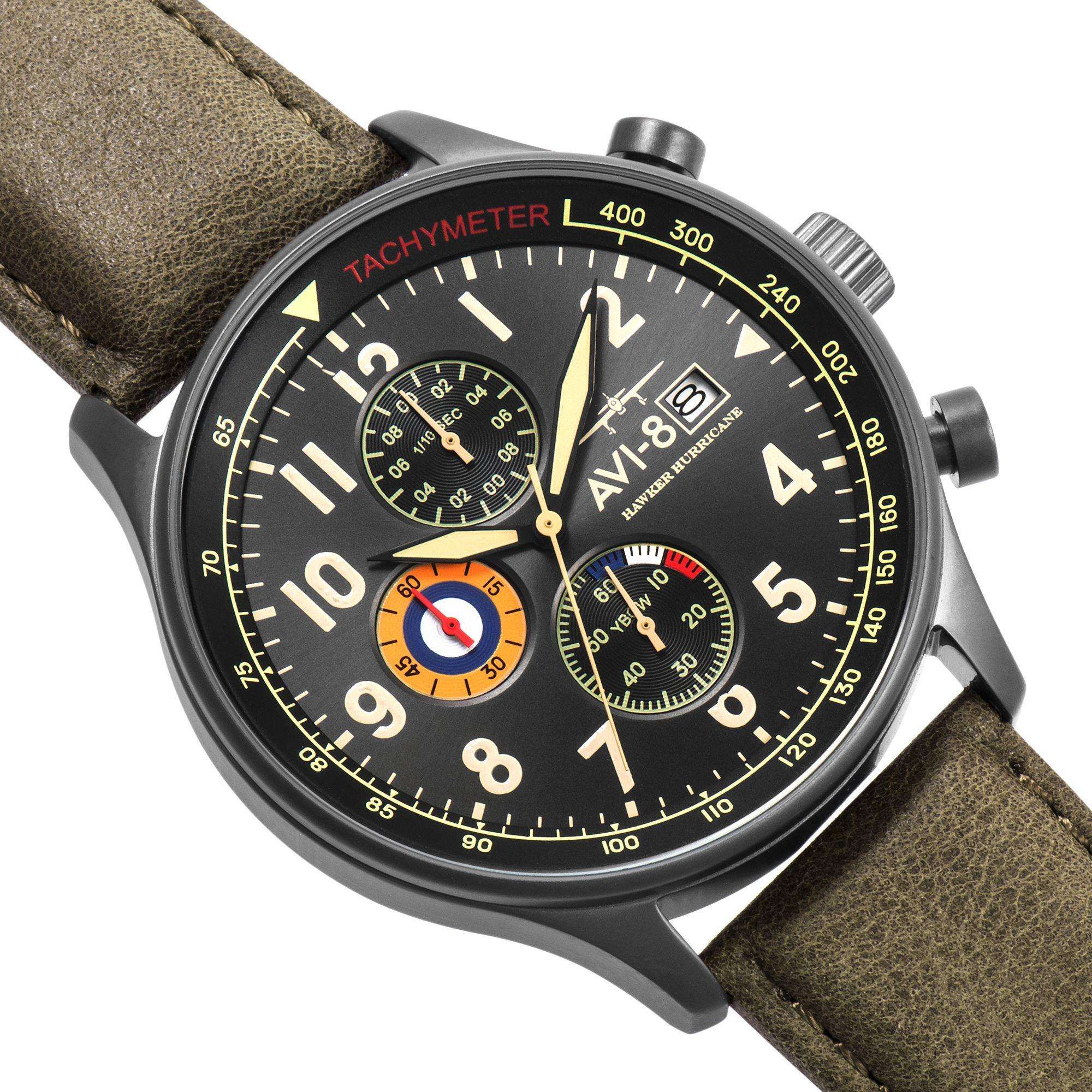 Die AVI-8 Hawker Hurricane Classic Chronograph Uhr mit schwarzem Zifferblatt und grünem Lederarmband für Herren AV-4011-0E