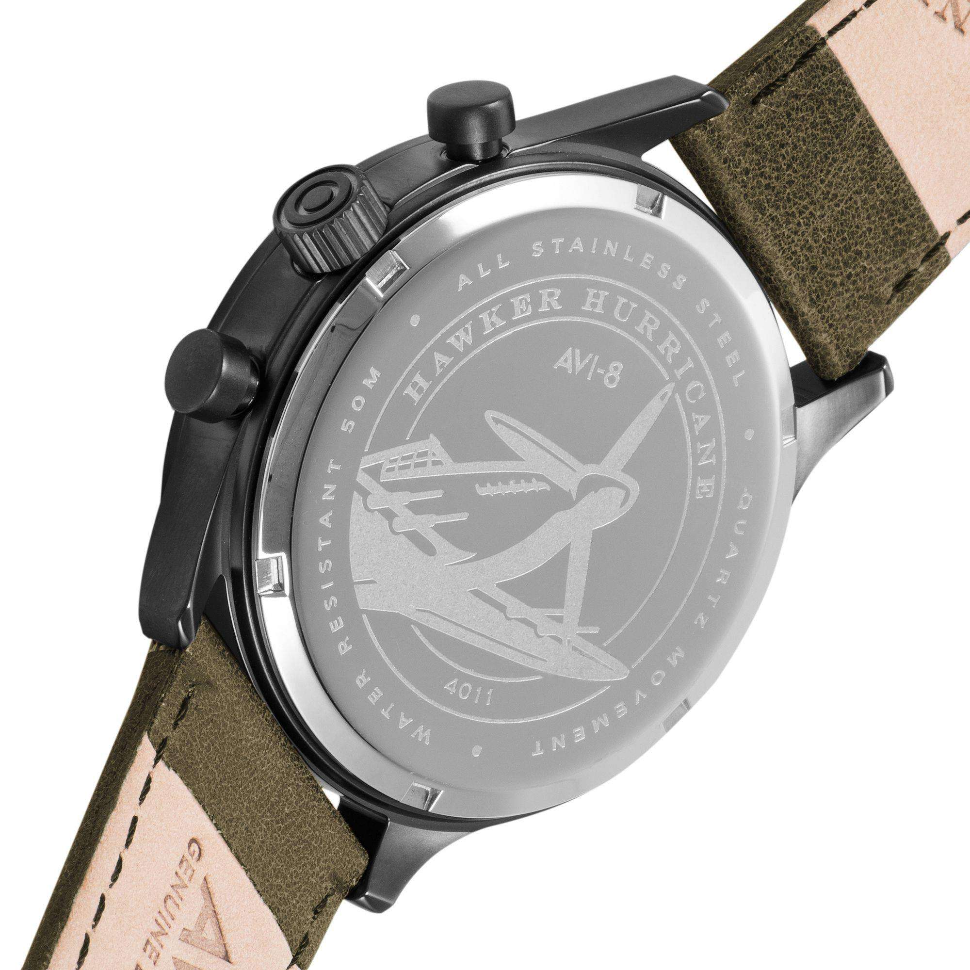 Die AVI-8 Hawker Hurricane Classic Chronograph Uhr mit schwarzem Zifferblatt und grünem Lederarmband für Herren AV-4011-0E