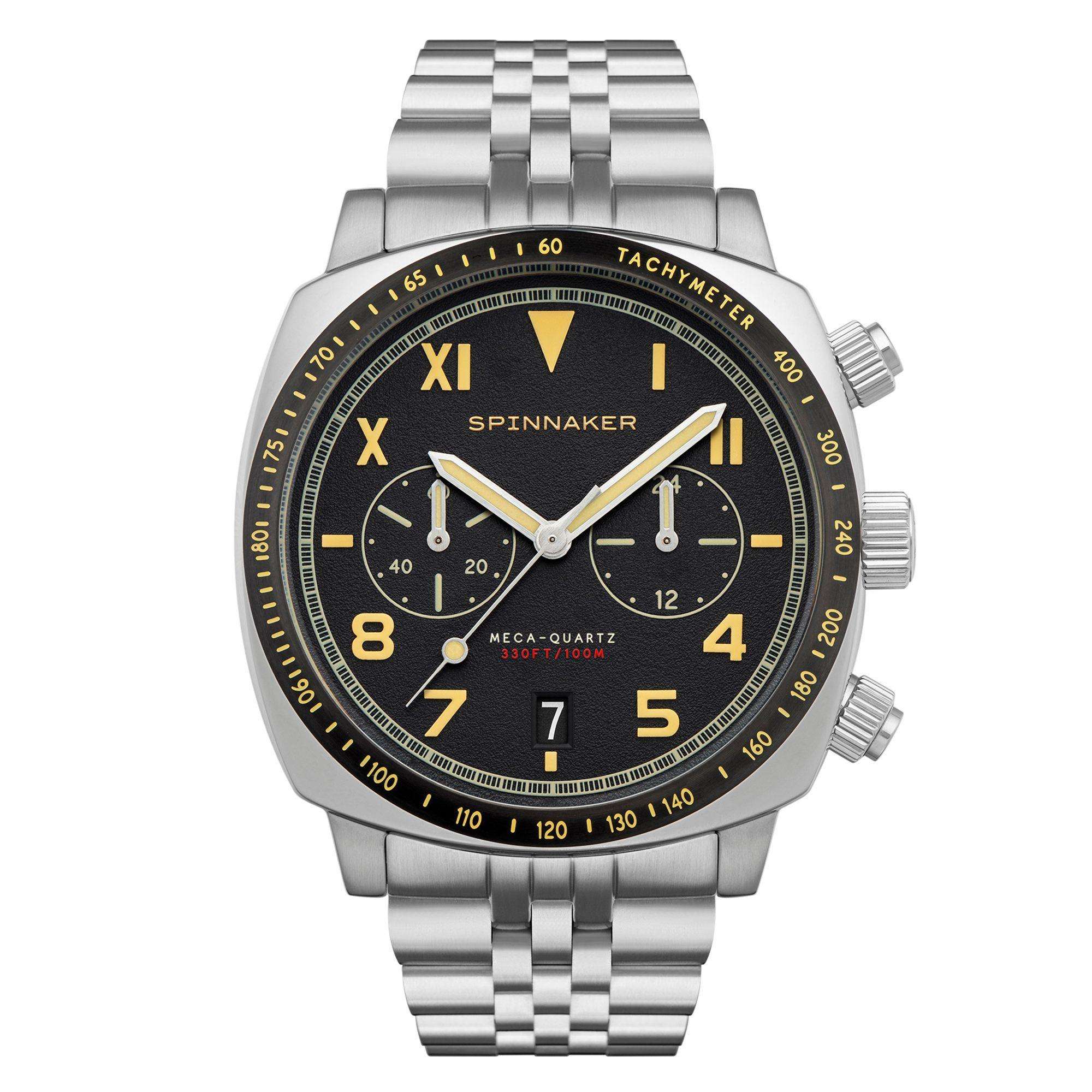 Spinnaker Hull California Chorongraph Vintage Black Dial Stainless Steel Bracelet Mens Watch SP-5092-11