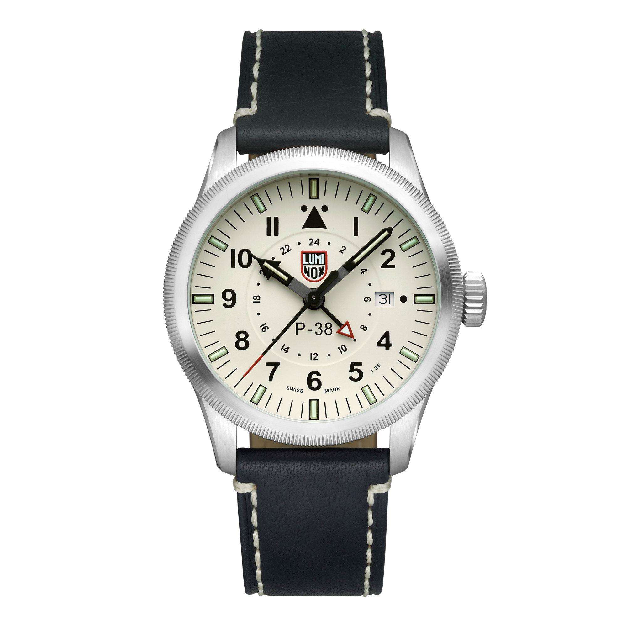 A Luminox P-38 watch XA.9527  featuring an ivory dial, stainless steel case, and a black leather strap with white stitching.