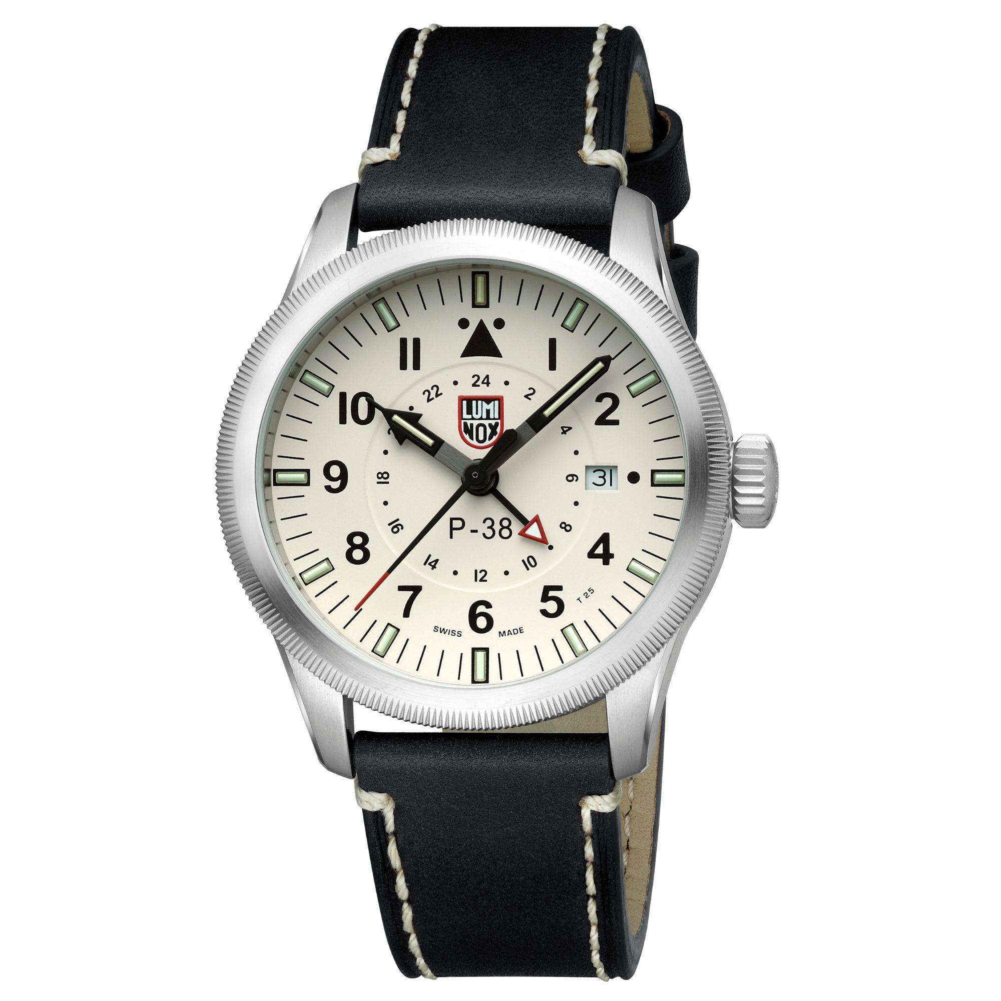 A Luminox P-38 42mm watch  featuring an ivory dial, stainless steel case, and a black leather strap with white stitching.