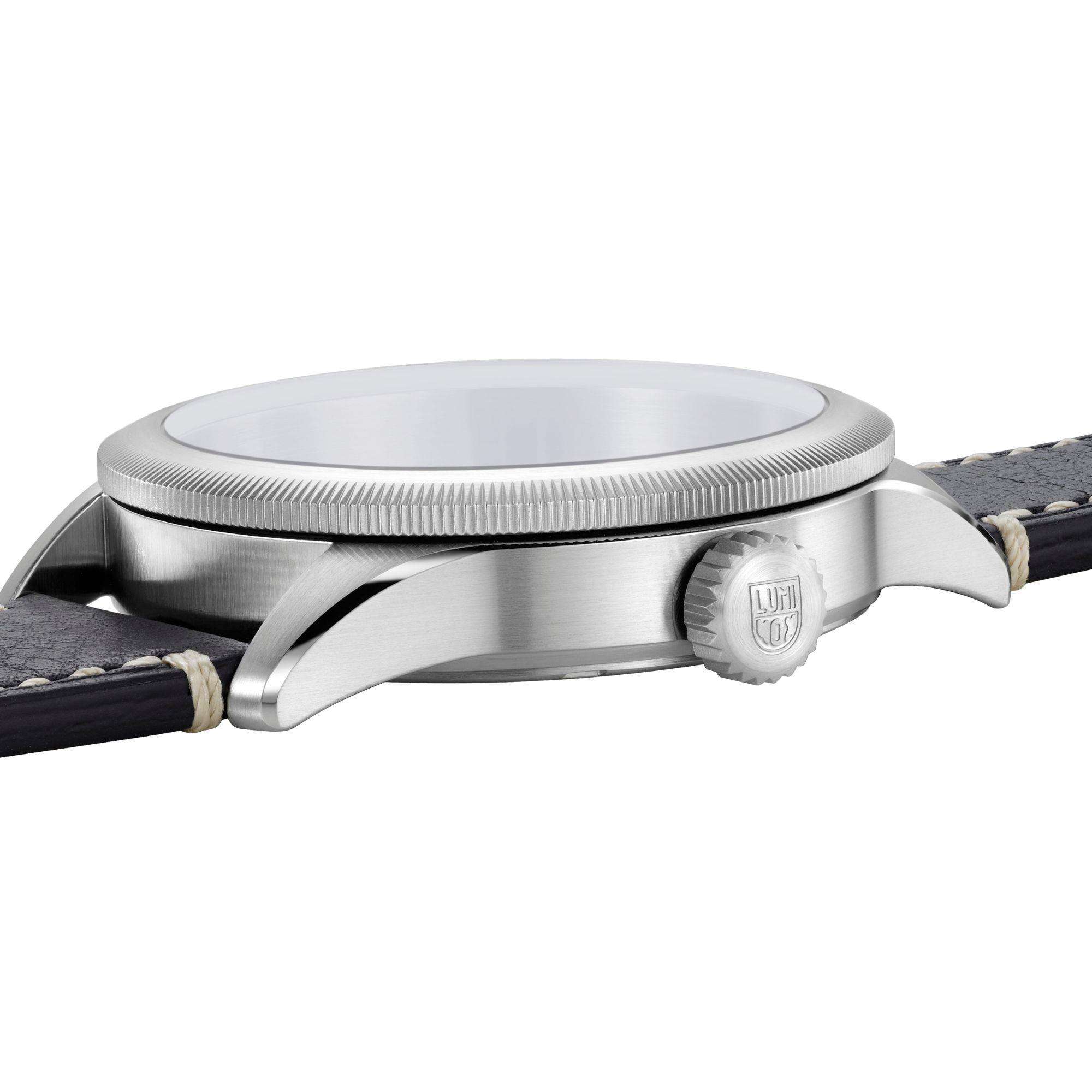 Side-profile view of a Luminox P-38 Lightning watch with a stainless steel case and a black leather strap.