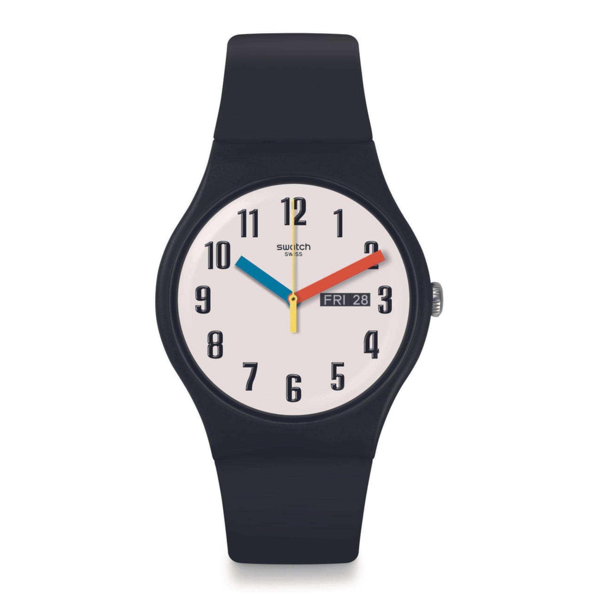 Swatch Elementary in Biosourced New Gent White Dial Black Strap Bau Watch SO29B705