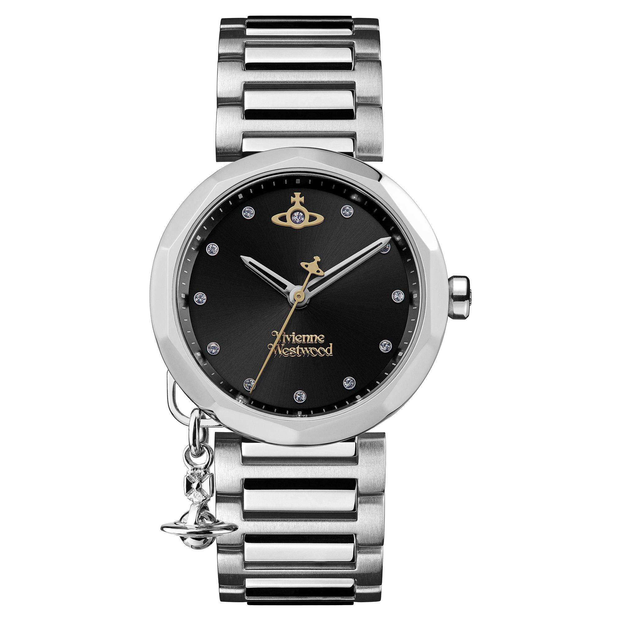Vivienne Westwood Poplar Schwarzes Zifferblatt Edelstahlarmband Damen Uhr VV246BKSL