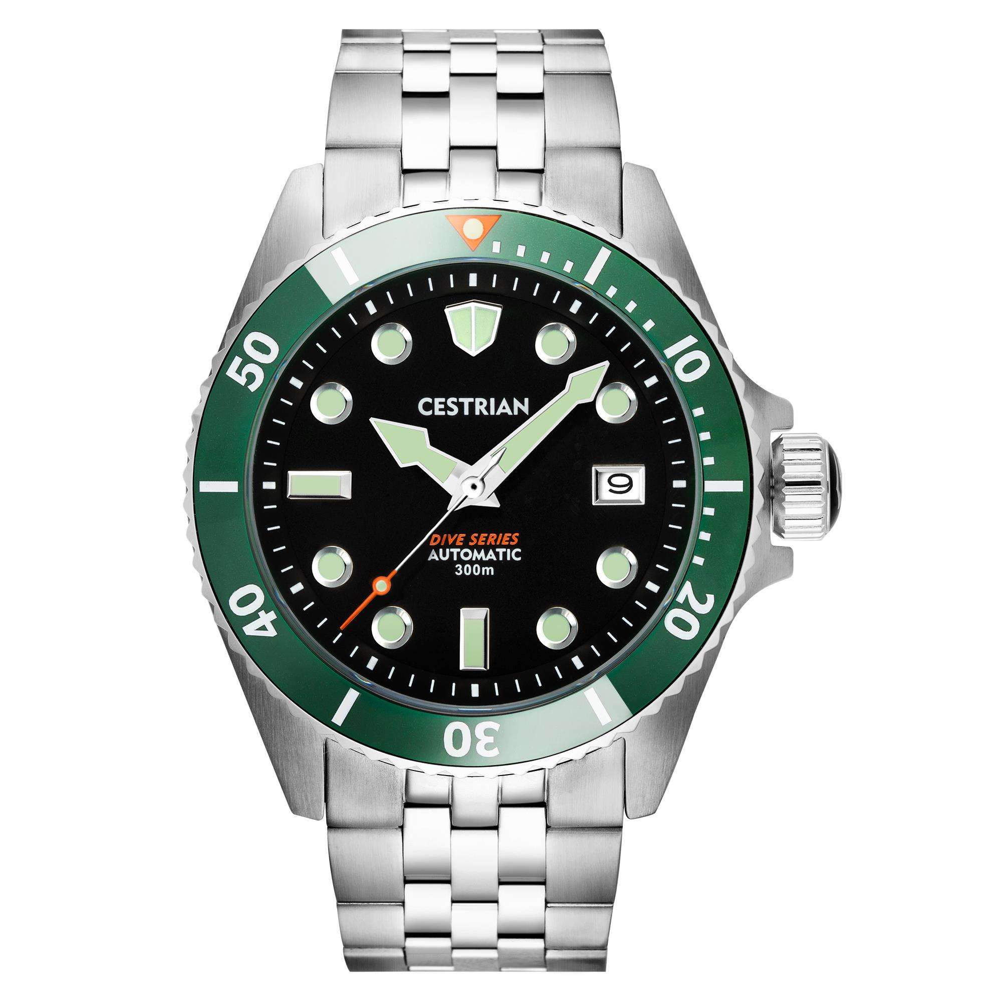 Cestrian Dive Series Schwarzes Zifferblatt Grüner Keramikrings Edelstahlarmband Automatische Herrenarmbanduhr CD111B0773V1