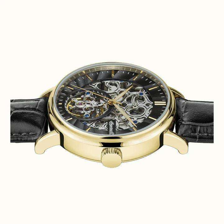 Ingersoll 1892 The Charles Automatische Herrenarmbanduhr mit Schwarzem Zifferblatt und Schwarzem Lederarmband - I05802B