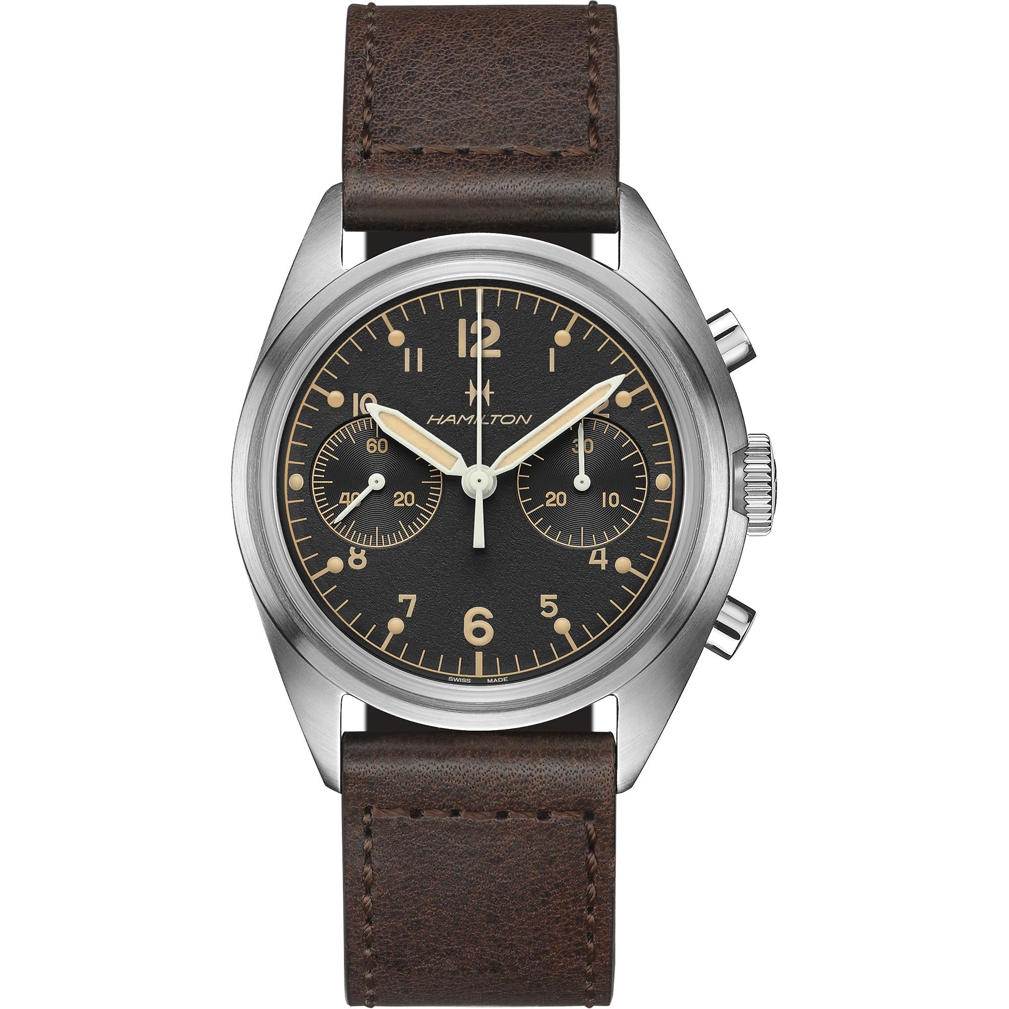 Hamilton Khaki Aviation 43mm Pioneer Mechanical Chronograph black dial leather watch H76409530 front view