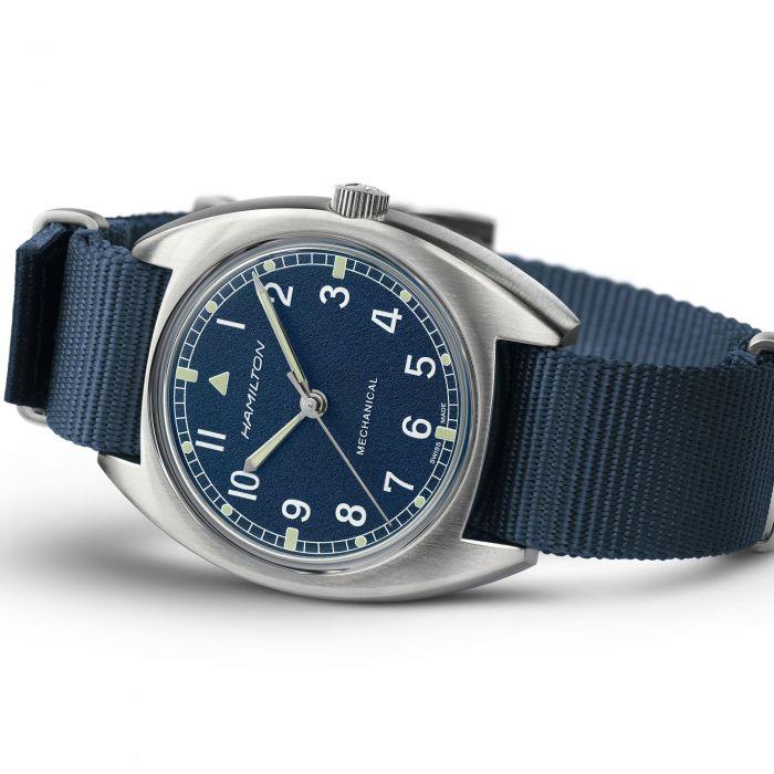 Hamilton Khaki Pilot Pioneer Mechanical watch with a blue dial and matching blue NATO strap