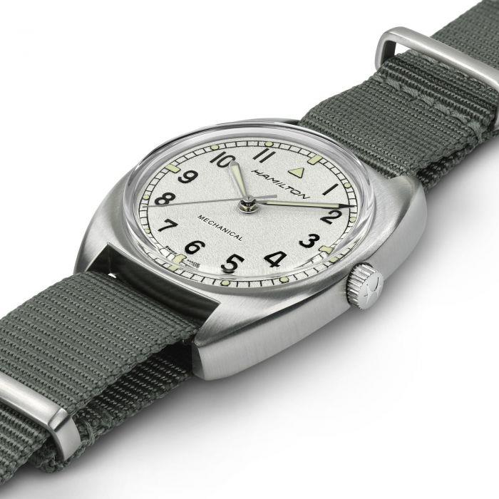 Hamilton Khaki Aviation Pilot Pioneer silver dial grey NATO mechanical watch H76419951