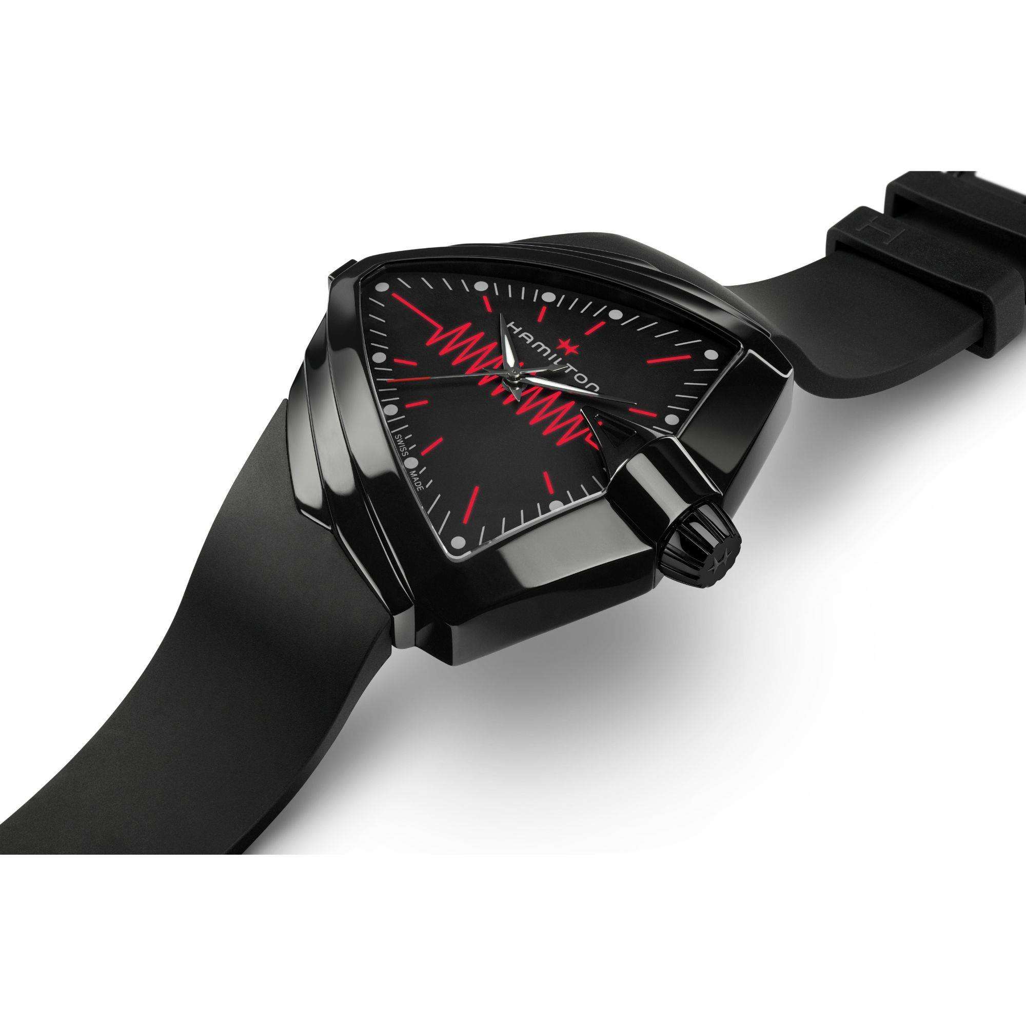 Hamilton Ventura 52mm XXL Helles Schwarzes Zifferblatt Gummi Herren Quarz Uhr H24604330