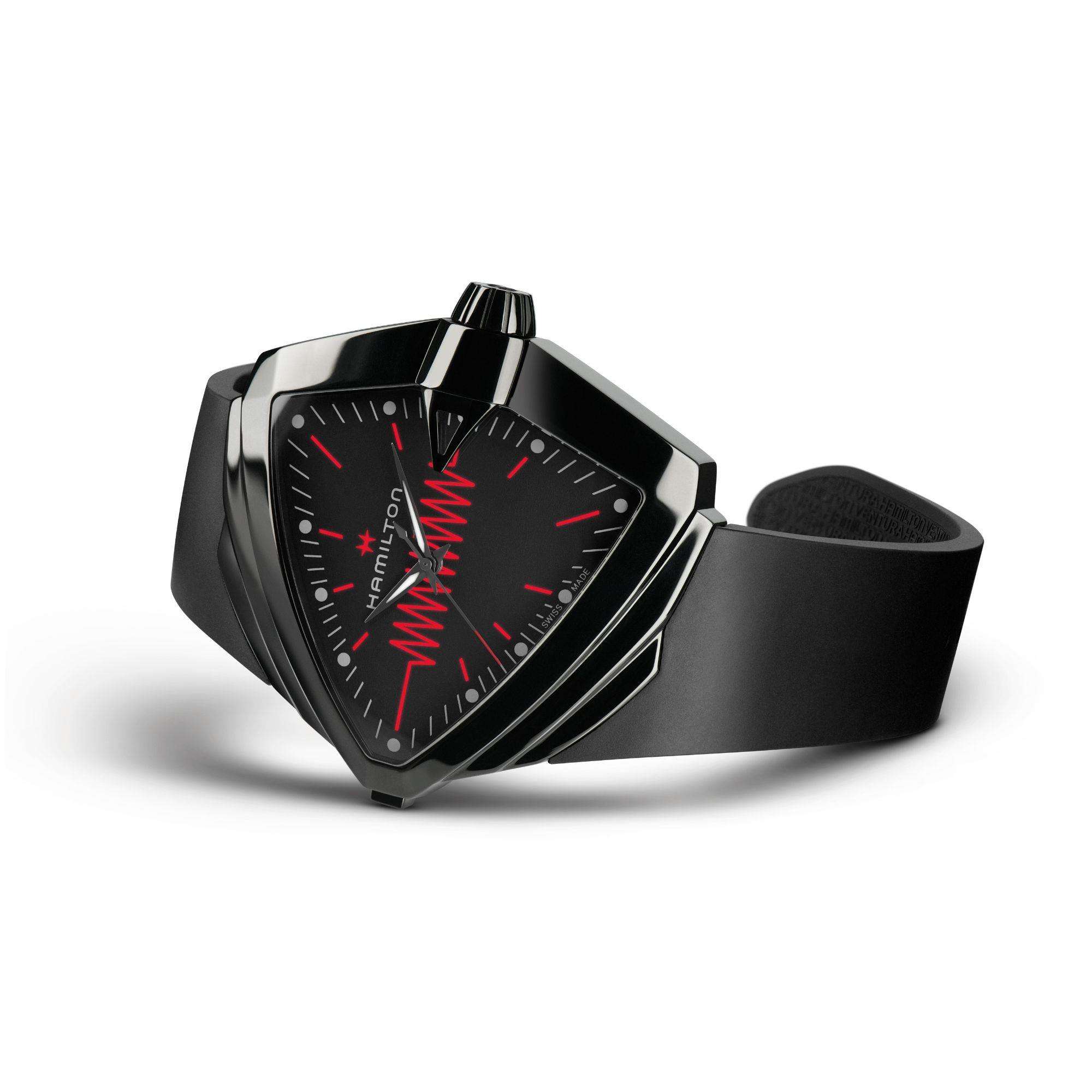 Hamilton Ventura 52mm XXL Helles Schwarzes Zifferblatt Gummi Herren Quarz Uhr H24604330