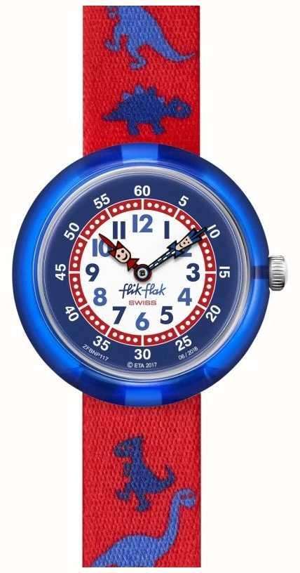 Flik Flak Dinosauritos Quarz Zweifarbiges Zifferblatt Rotes Textil Armband Kinder Uhr FBNP117