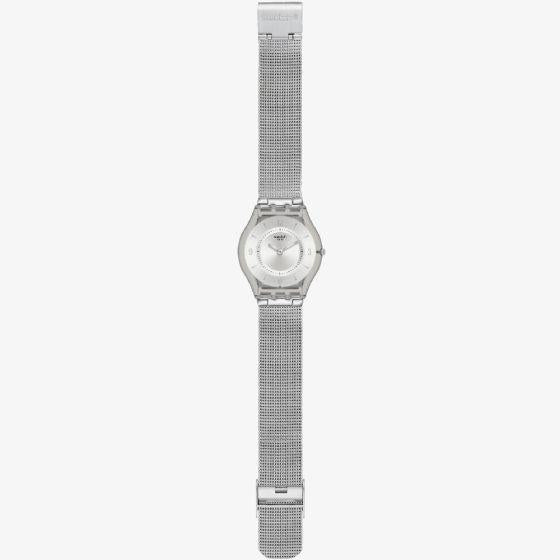 Swatch Metal Knit Quarz Silbernes Zifferblatt Milanese Uhr SS08M100M