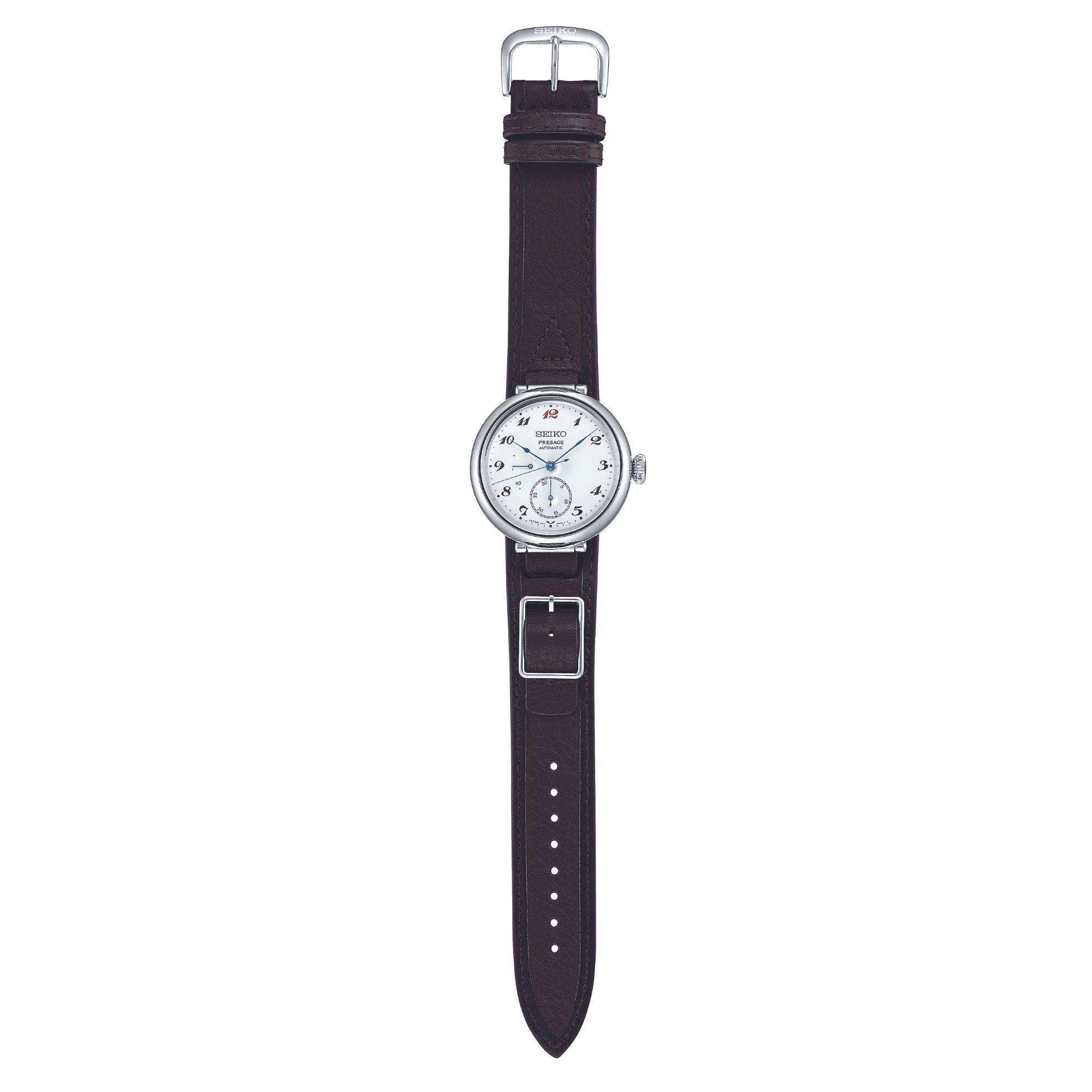 Seiko Presage Takumi 110. Jubiläum "Laurel" Weißes Zifferblatt Schwarzes Lederarmband Herren Uhr SPB359J1