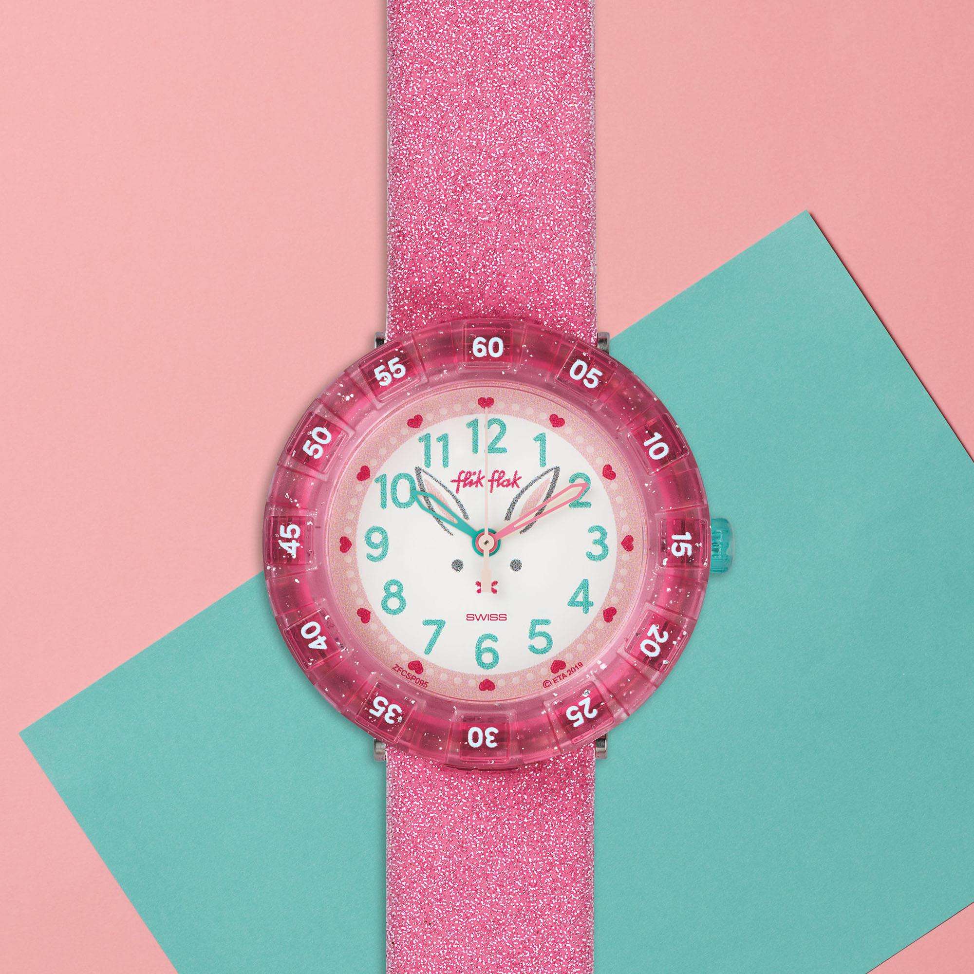 Flik Flak Bunnyaxus Quarz Weißes Zifferblatt Pinkes Silikonarmband Mädchen Uhr FCSP095