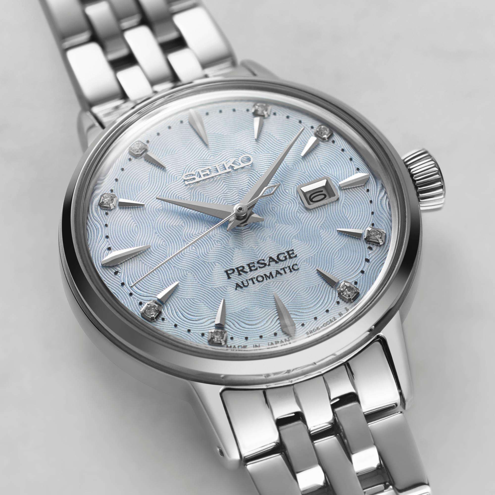 Seiko Presage Cocktail Time Skydiving Diamond Twist Automatik Blaues Zifferblatt Damen Uhr SRE007J1