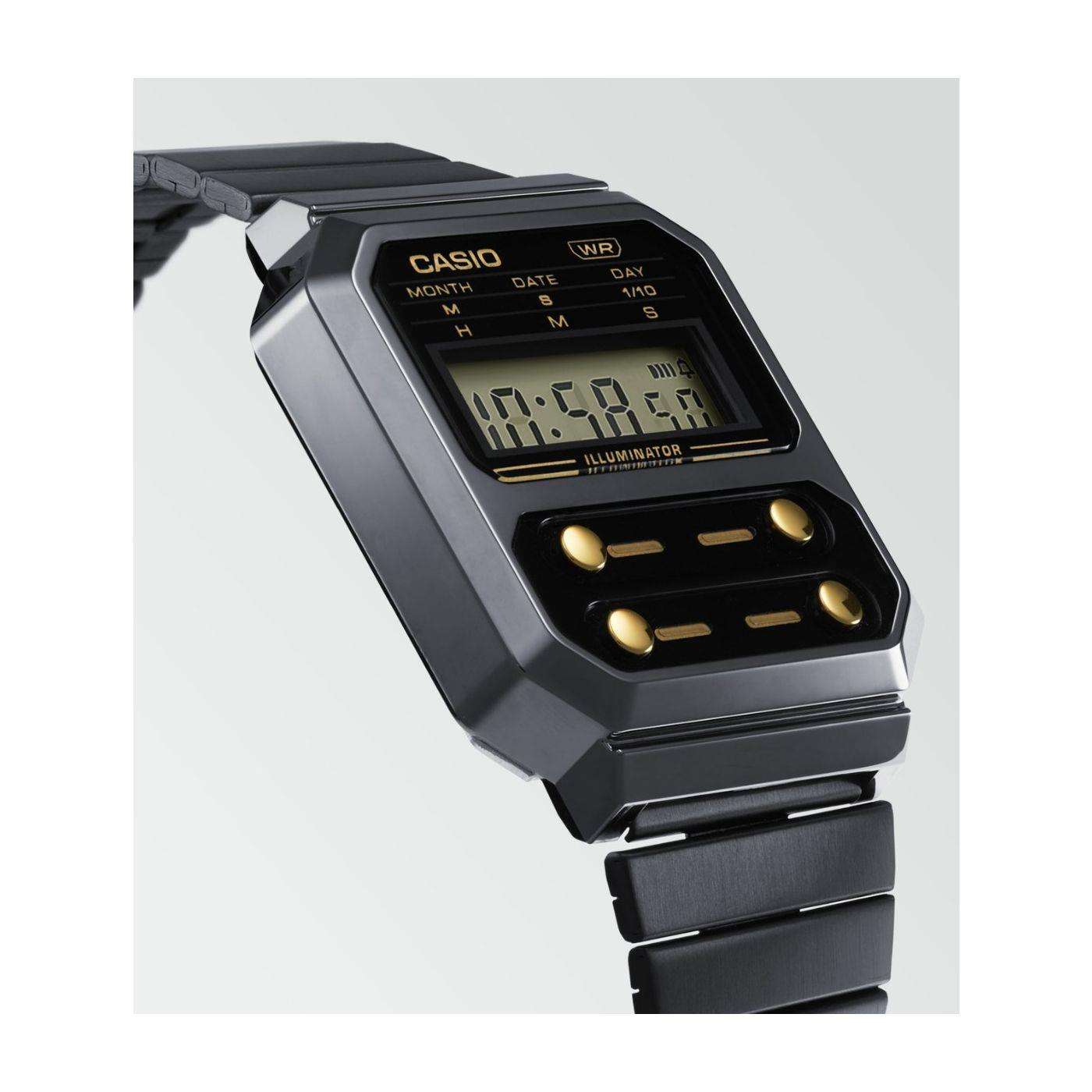 Casio Collection Vintage Edgy Quarz Digital Schwarz/Gunmetal Grau IP-beschichtete Stahl Uhr A100WEGG-1A2EF