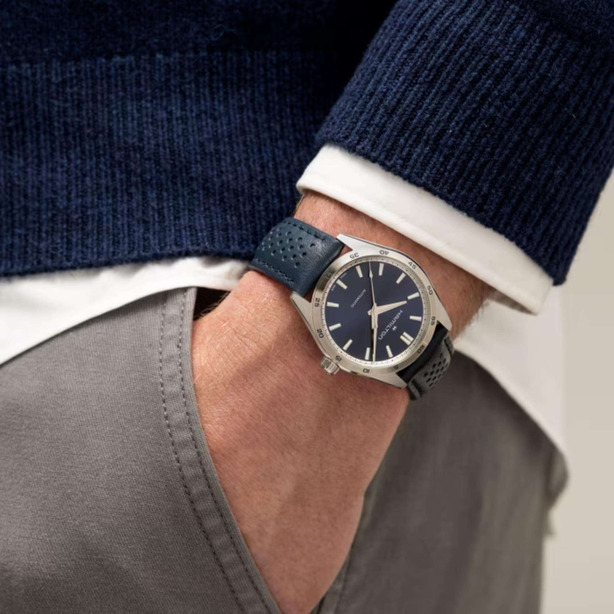 Hamilton Jazzmaster 38mm Blaues Zifferblatt Leder Herren Automatik Uhr H36215640