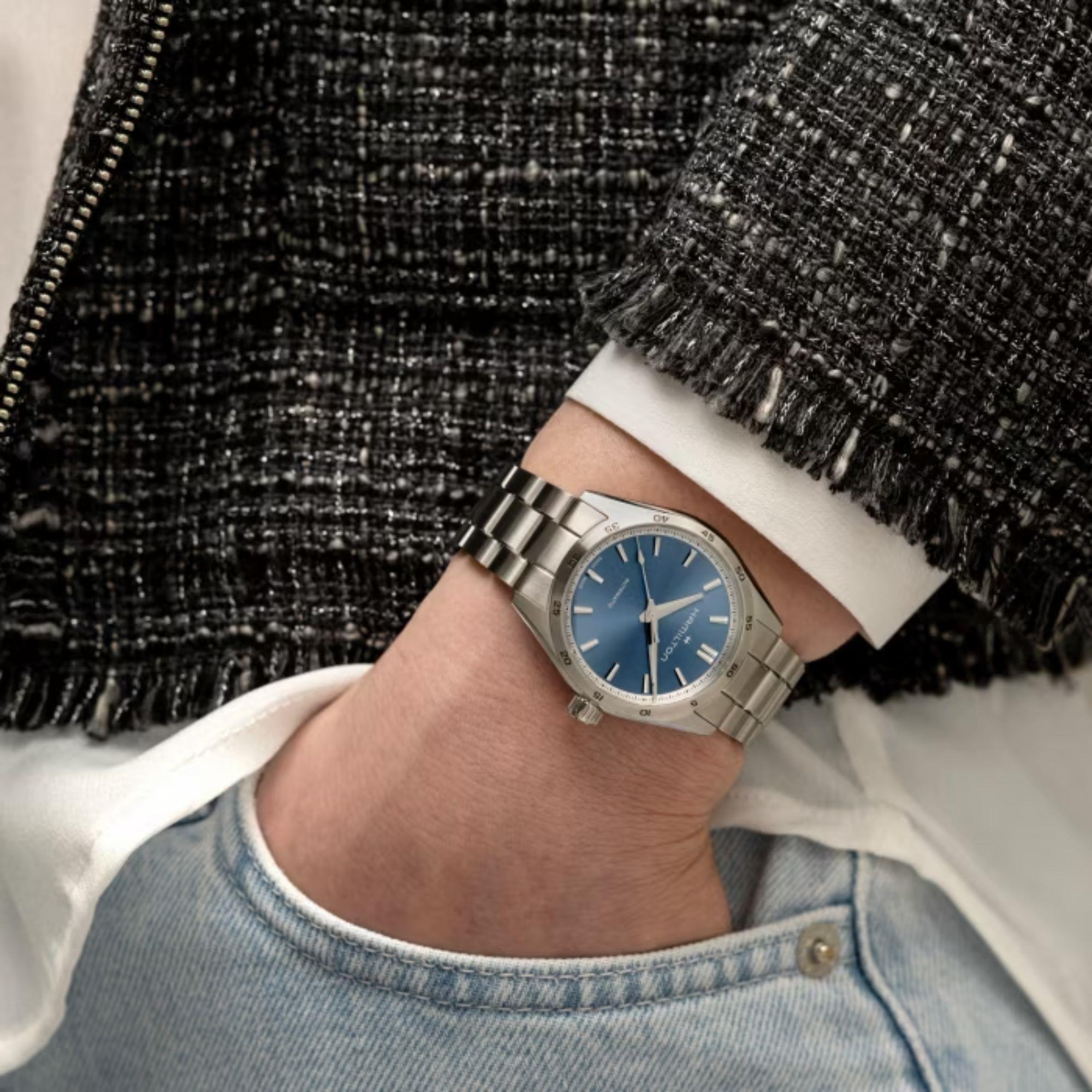 Hamilton Jazzmaster 34mm Blaues Zifferblatt Stahl Damen Quarz Uhr H36105140