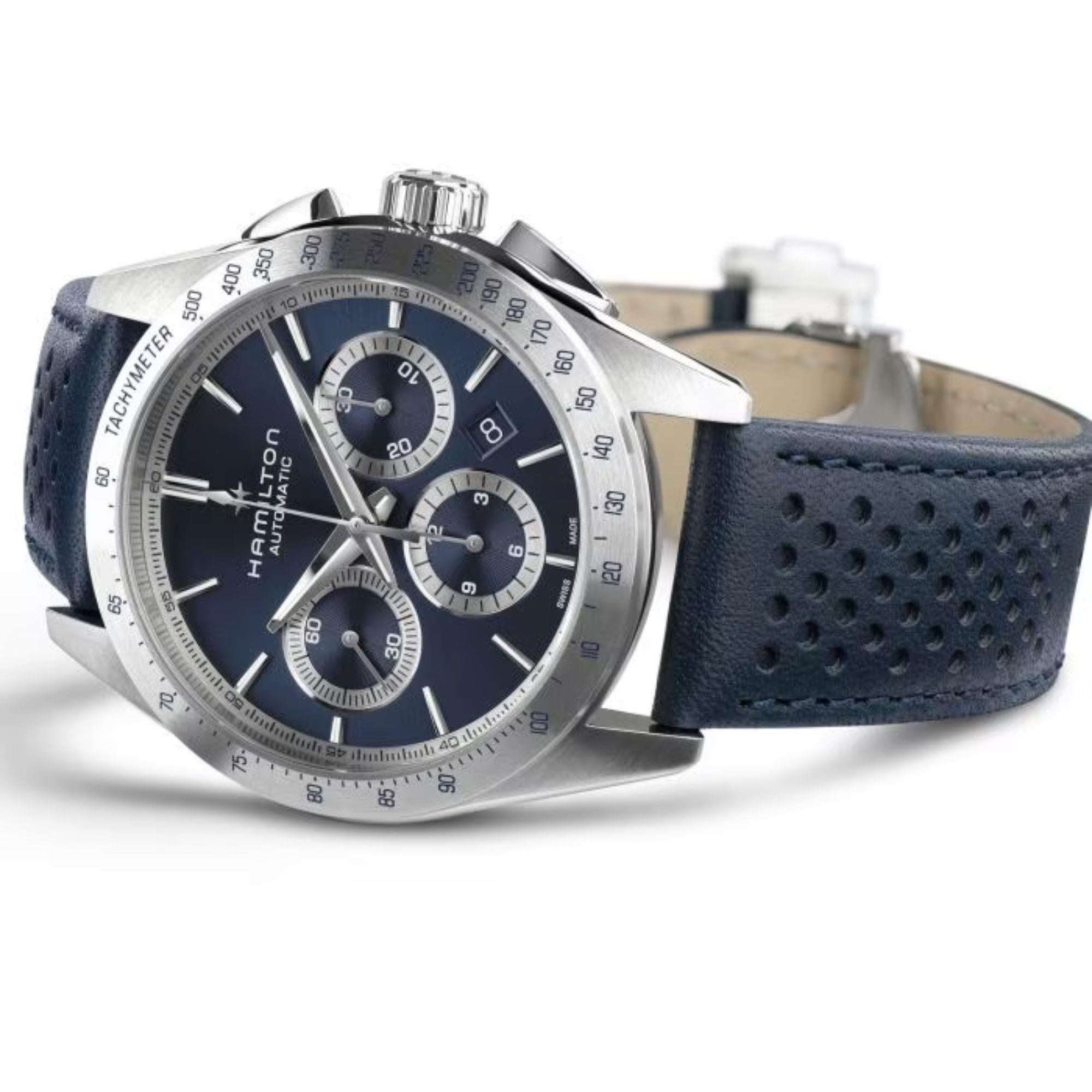 Hamilton Jazzmaster 42mm Chronograph Blue Dial Leather Mens Automatic Watch H36616640