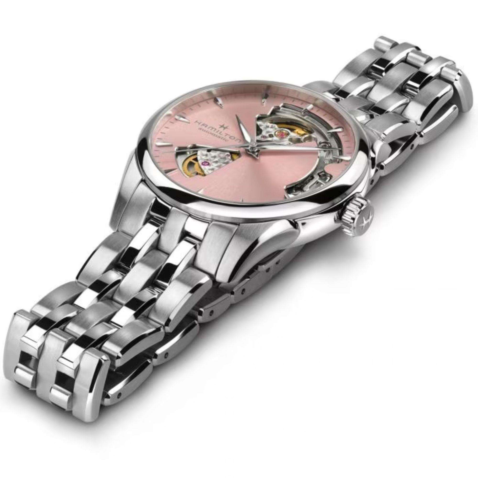 Hamilton Jazzmaster Open Heart Automatik Pinkes Zifferblatt Edelstahlarmband Damenuhr H32215170