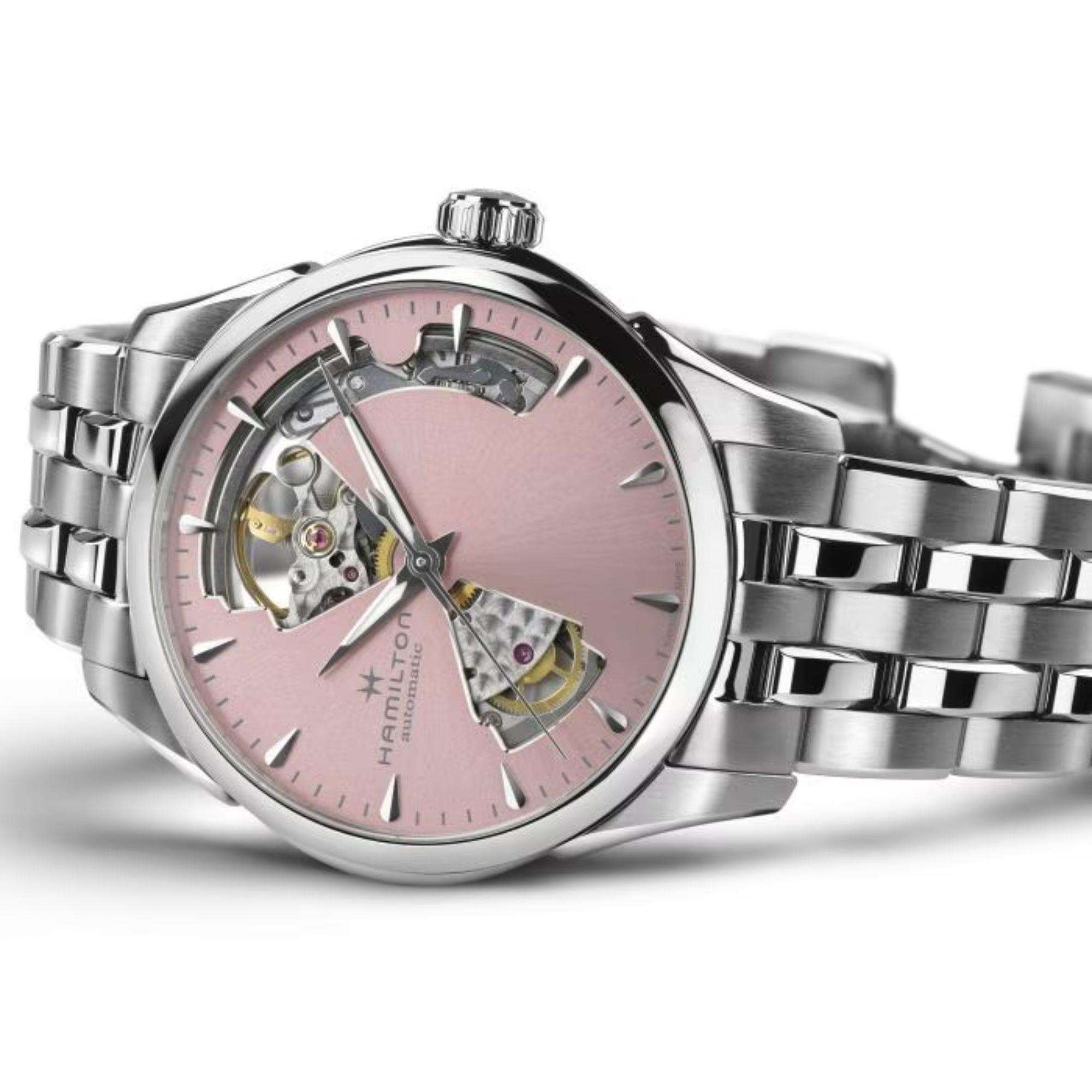 Hamilton Jazzmaster Open Heart Automatik Pinkes Zifferblatt Edelstahlarmband Damenuhr H32215170