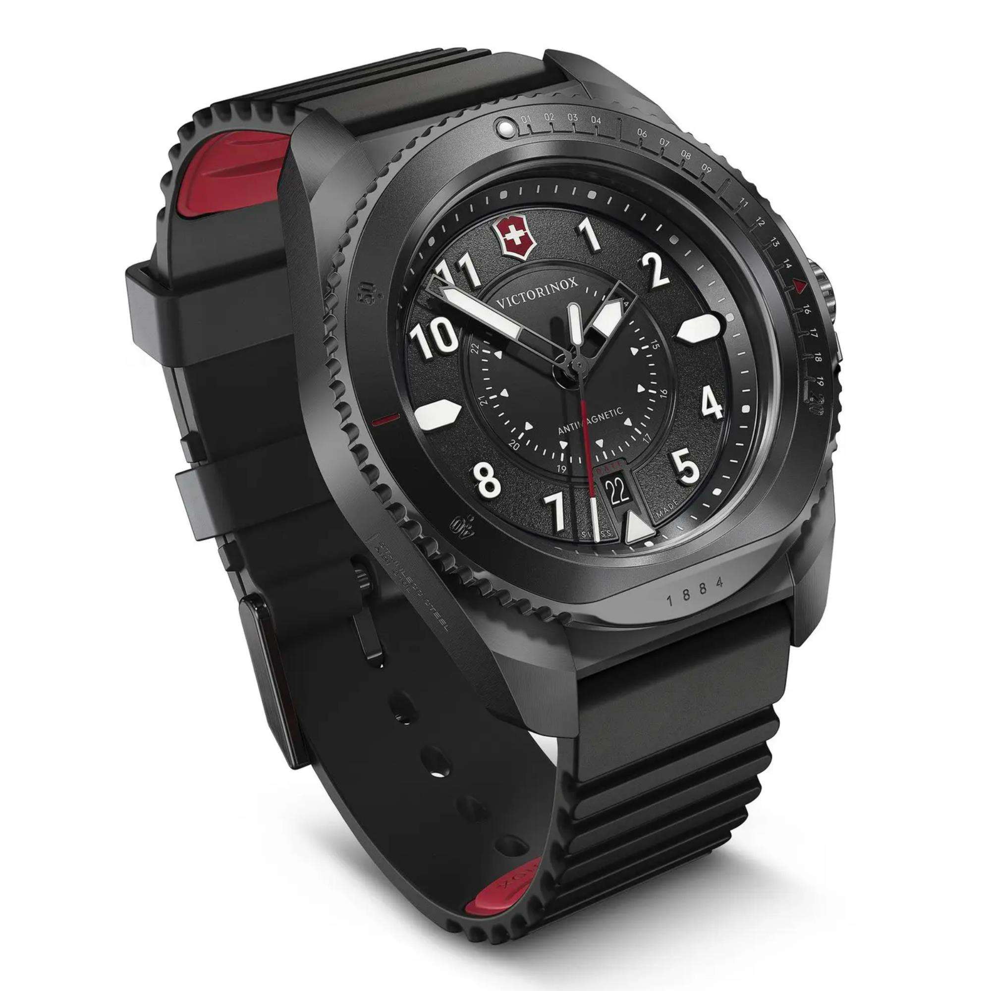 Victorinox Journey 1884 241982 black dial with bold luminous markers and date display close-up  