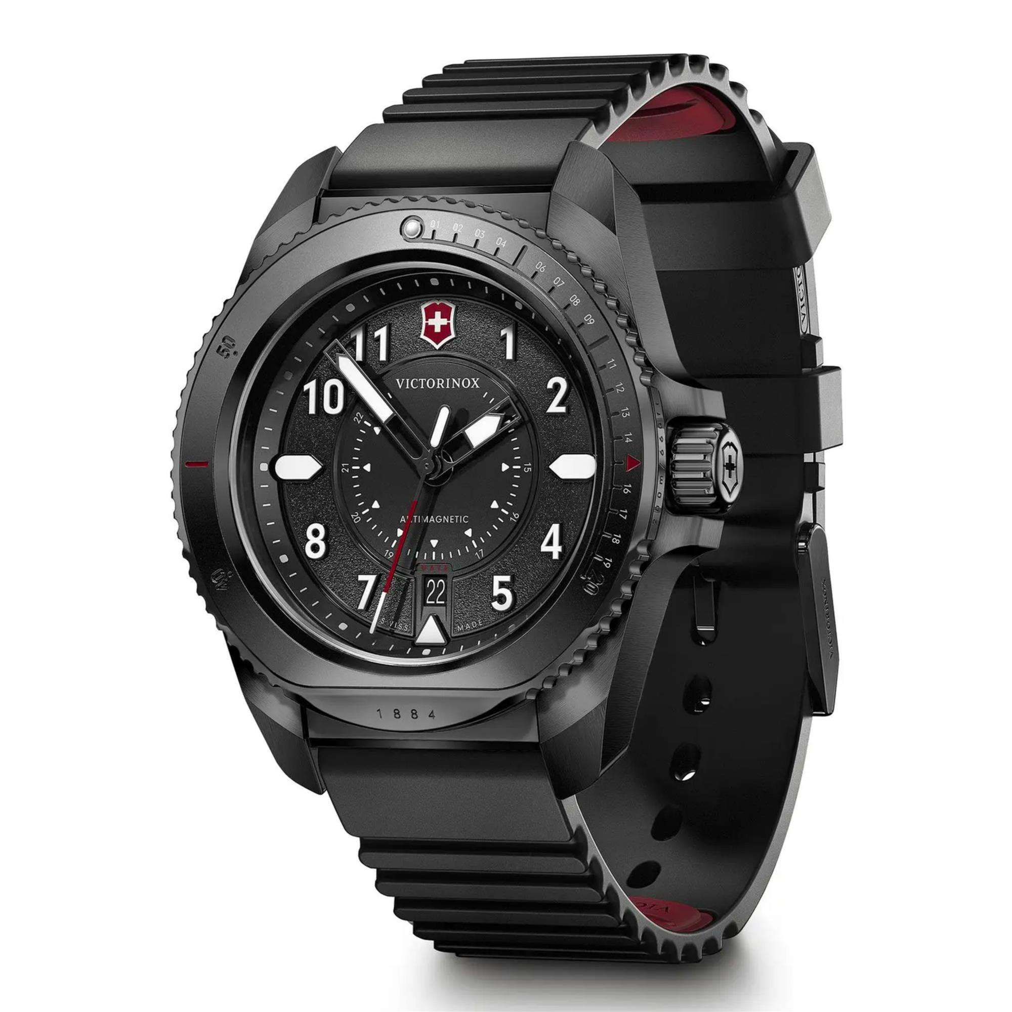 Victorinox 241982 black dial with bold luminous markers and date display close-up  