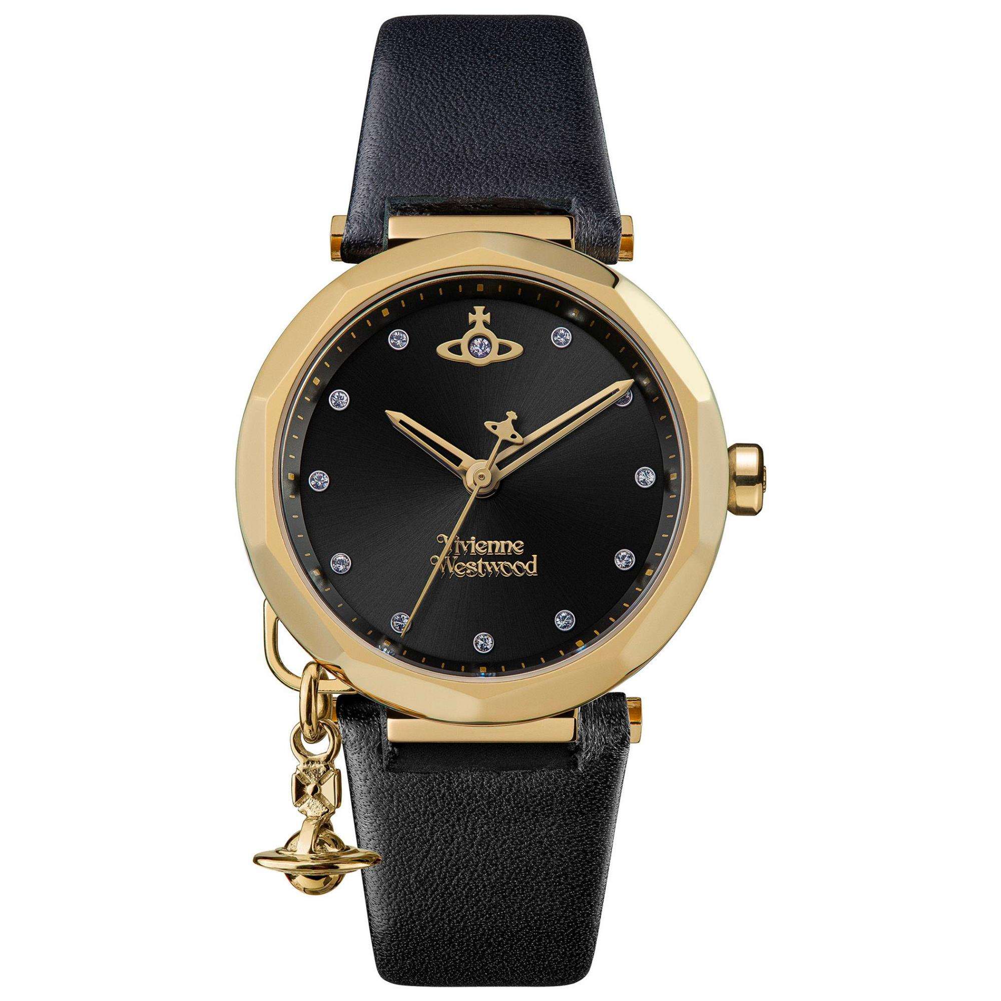Vivienne Westwood Poplar Schwarzes Zifferblatt Schwarzes Lederarmband Damenuhr VV246BKBK