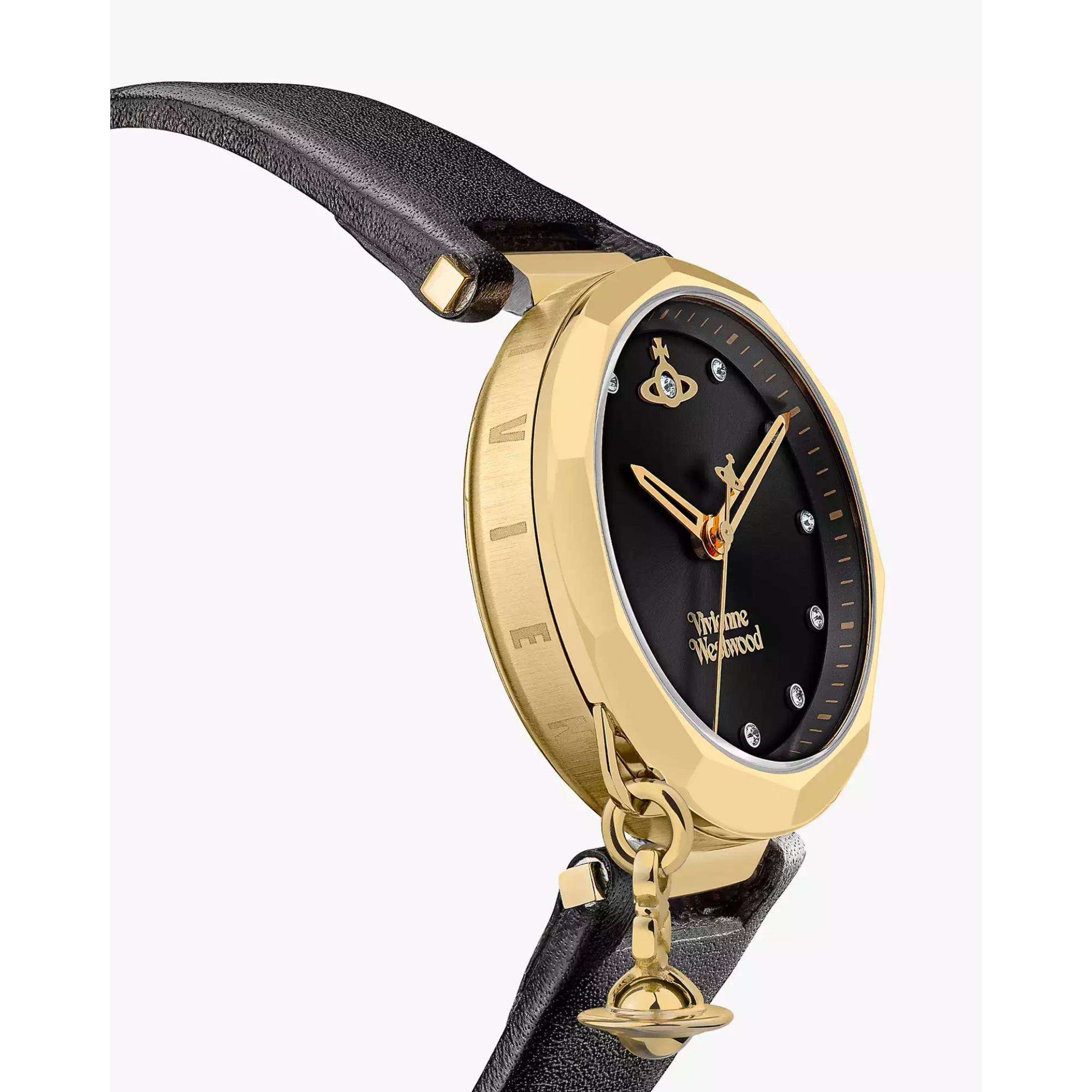 Vivienne Westwood Poplar Schwarzes Zifferblatt Schwarzes Lederarmband Damenuhr VV246BKBK