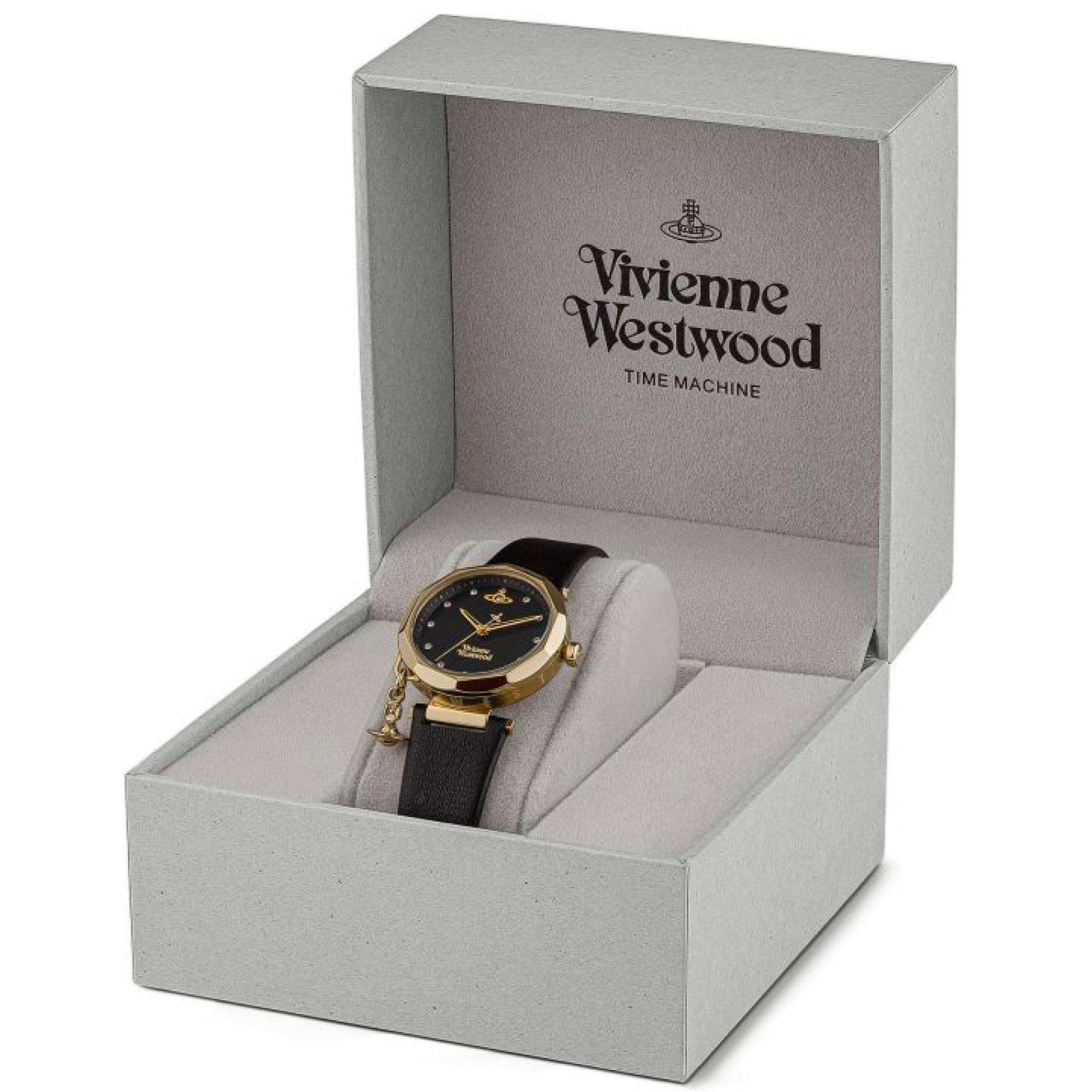 Vivienne Westwood Poplar Schwarzes Zifferblatt Schwarzes Lederarmband Damenuhr VV246BKBK