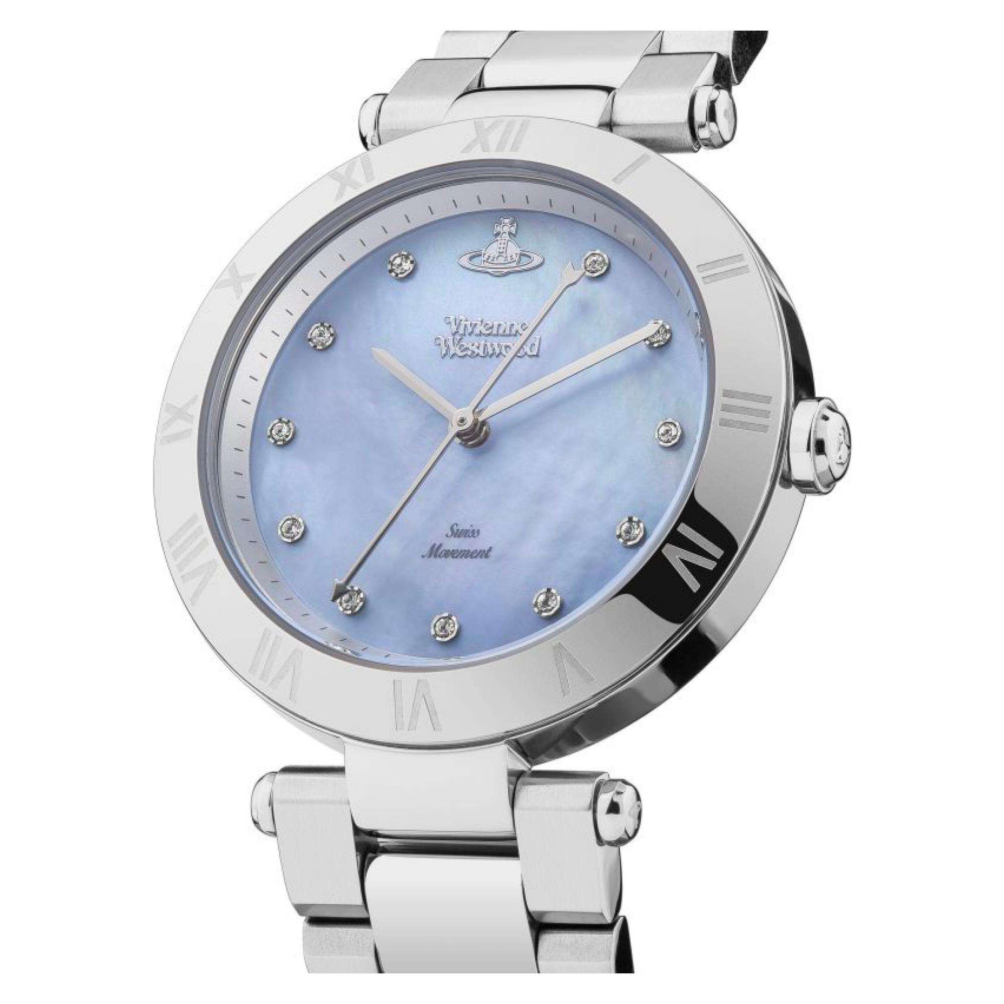 Vivienne Westwood Montagu Quarz Blaues Perlmuttzifferblatt Stahlarmband Damenuhr VV206BLSL