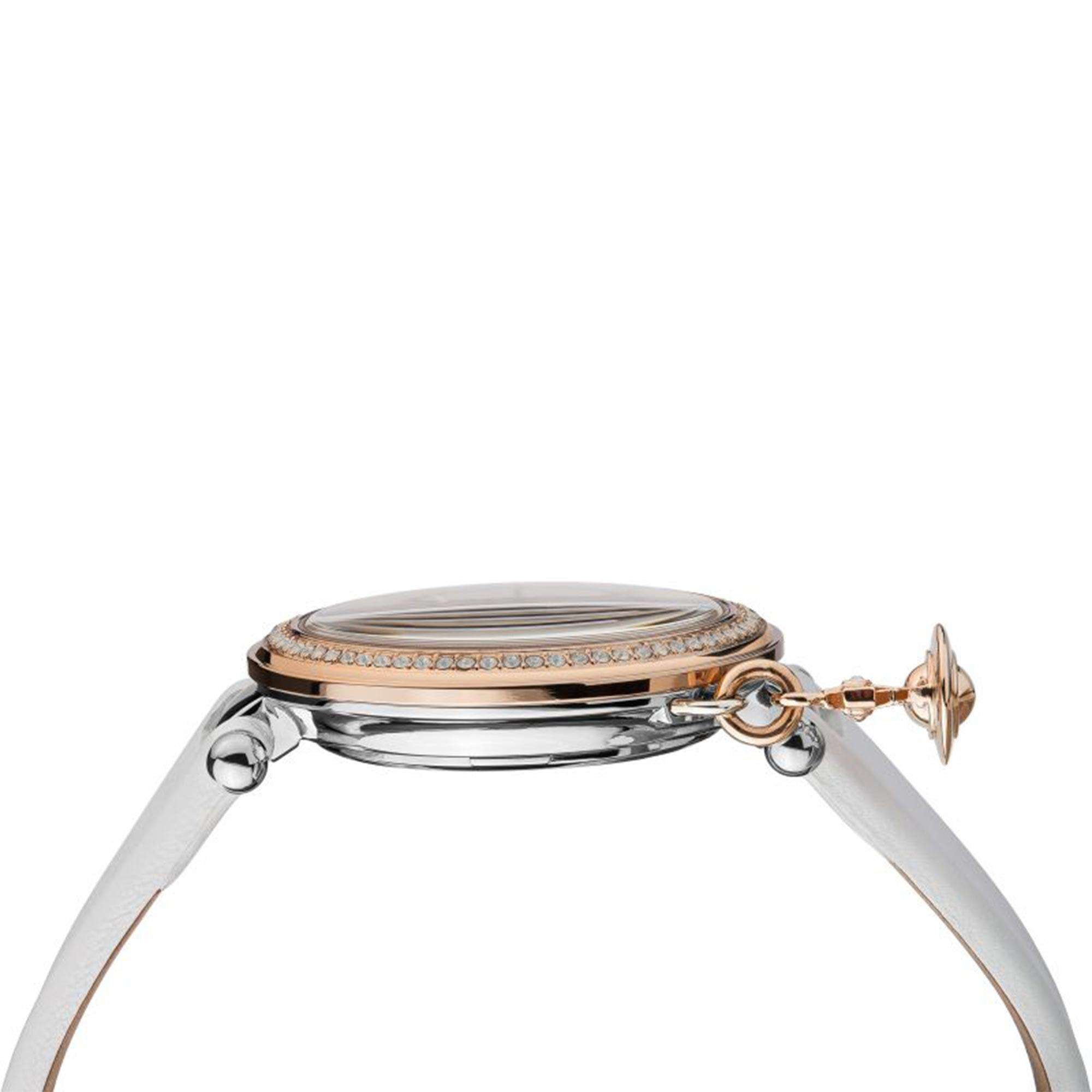 Vivienne Westwood Orb VV006RSWH stainless steel and rose gold case profile with charm detail