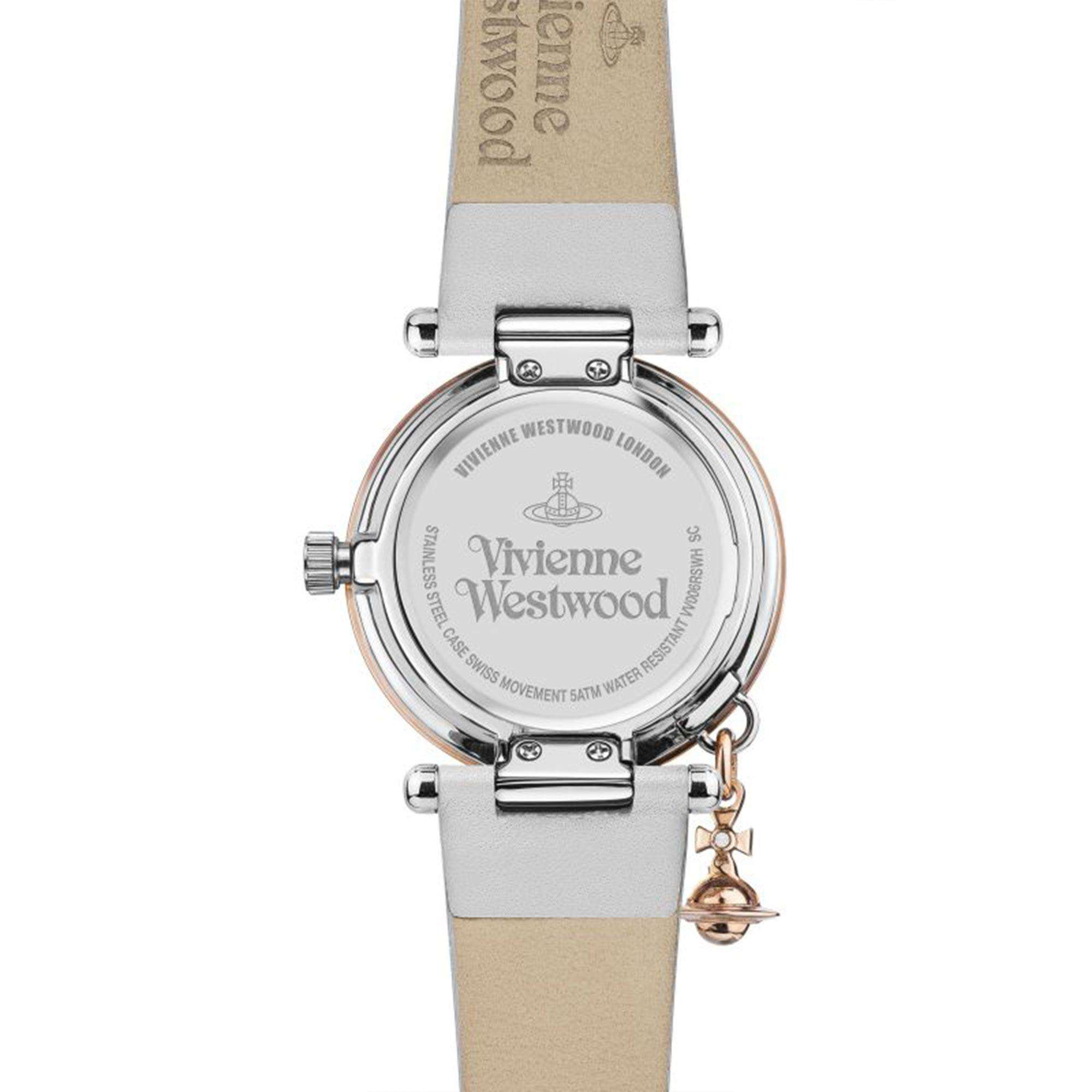Vivienne Westwood VV006RSWH stainless steel caseback and white leather strap detail