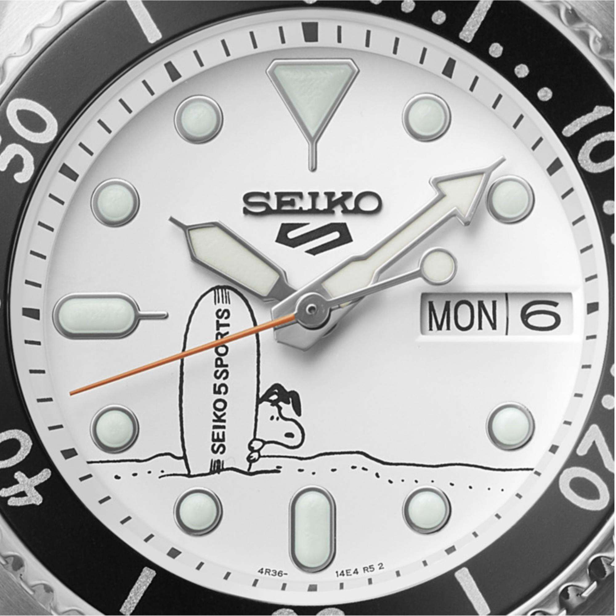 Seiko 5 Sports X Peanuts Surfbrett Limited Edition Automatik Weißes Zifferblatt Uhr SRPK25K1