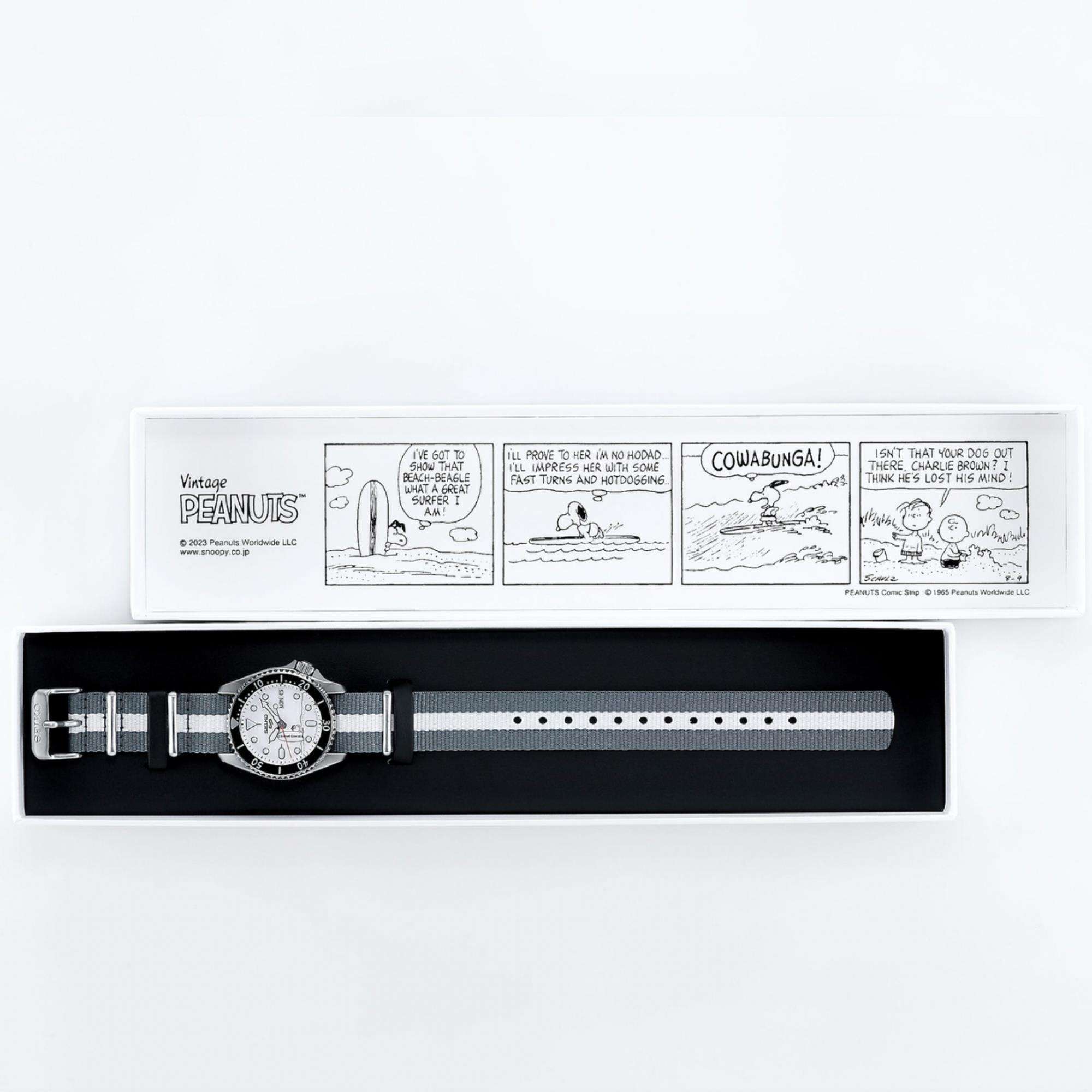 Seiko 5 Sports X Peanuts Surfbrett Limited Edition Automatik Weißes Zifferblatt Uhr SRPK25K1