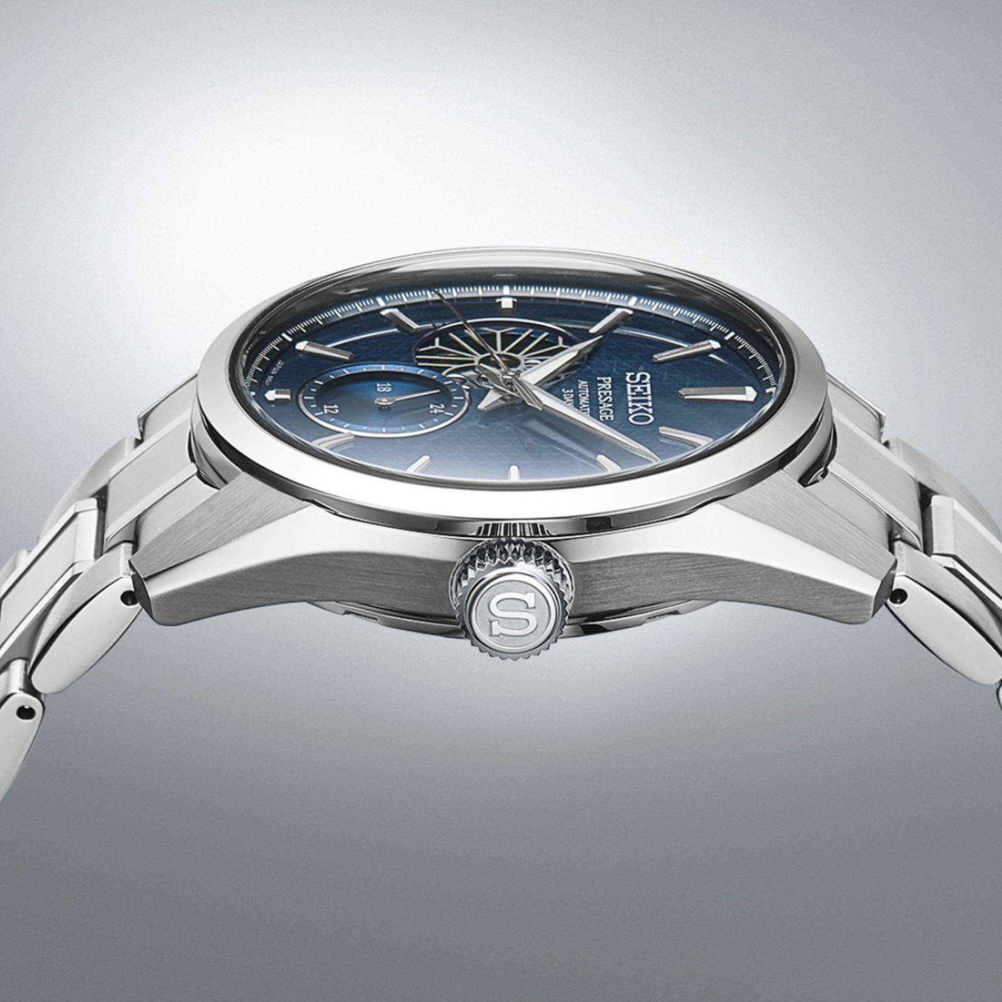 Seiko Presage ‘Ao’ Sharp-Edged Open Heart 3 Tage Automatik Blaues Zifferblatt Herren Uhr SPB417J1