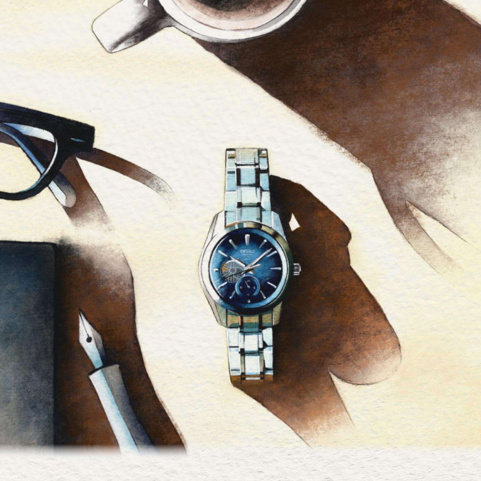 Seiko Presage ‘Ao’ Sharp-Edged Open Heart 3 Tage Automatik Blaues Zifferblatt Herren Uhr SPB417J1