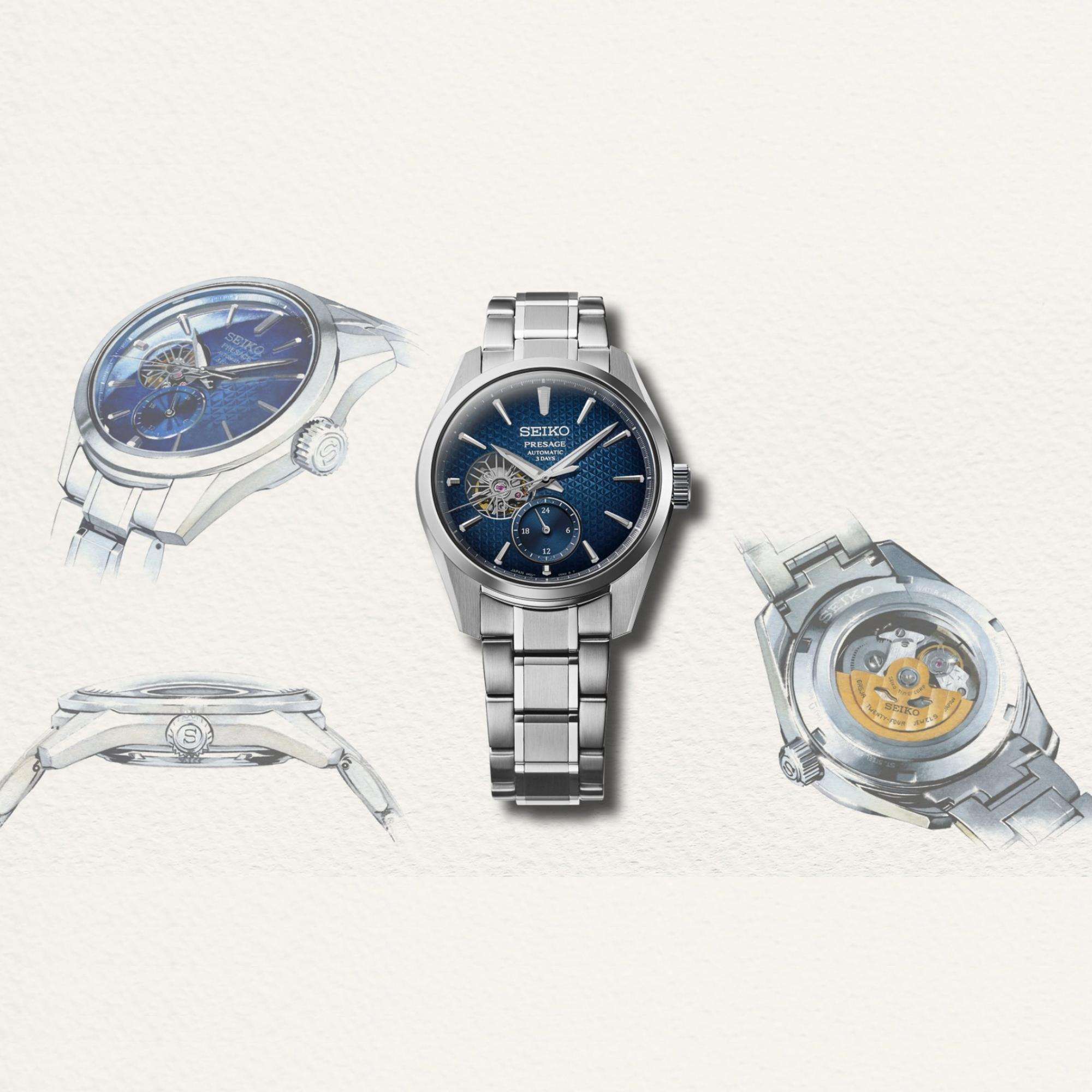 Seiko Presage ‘Ao’ Sharp-Edged Open Heart 3 Tage Automatik Blaues Zifferblatt Herren Uhr SPB417J1