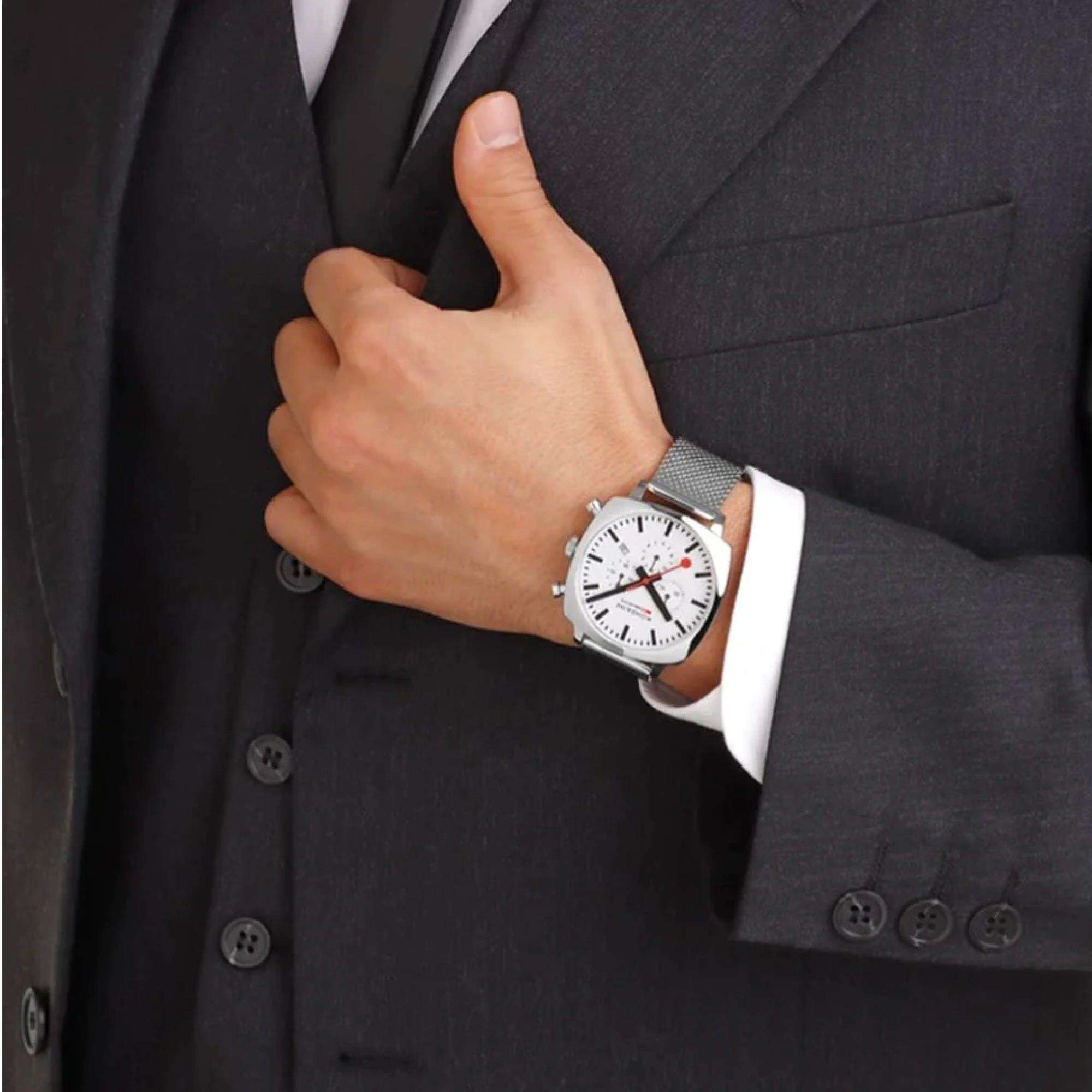 Mondaine Grand 41mm Chronograph White Dial Leather Mens Quartz Watch MSL.41410.LBV.SET