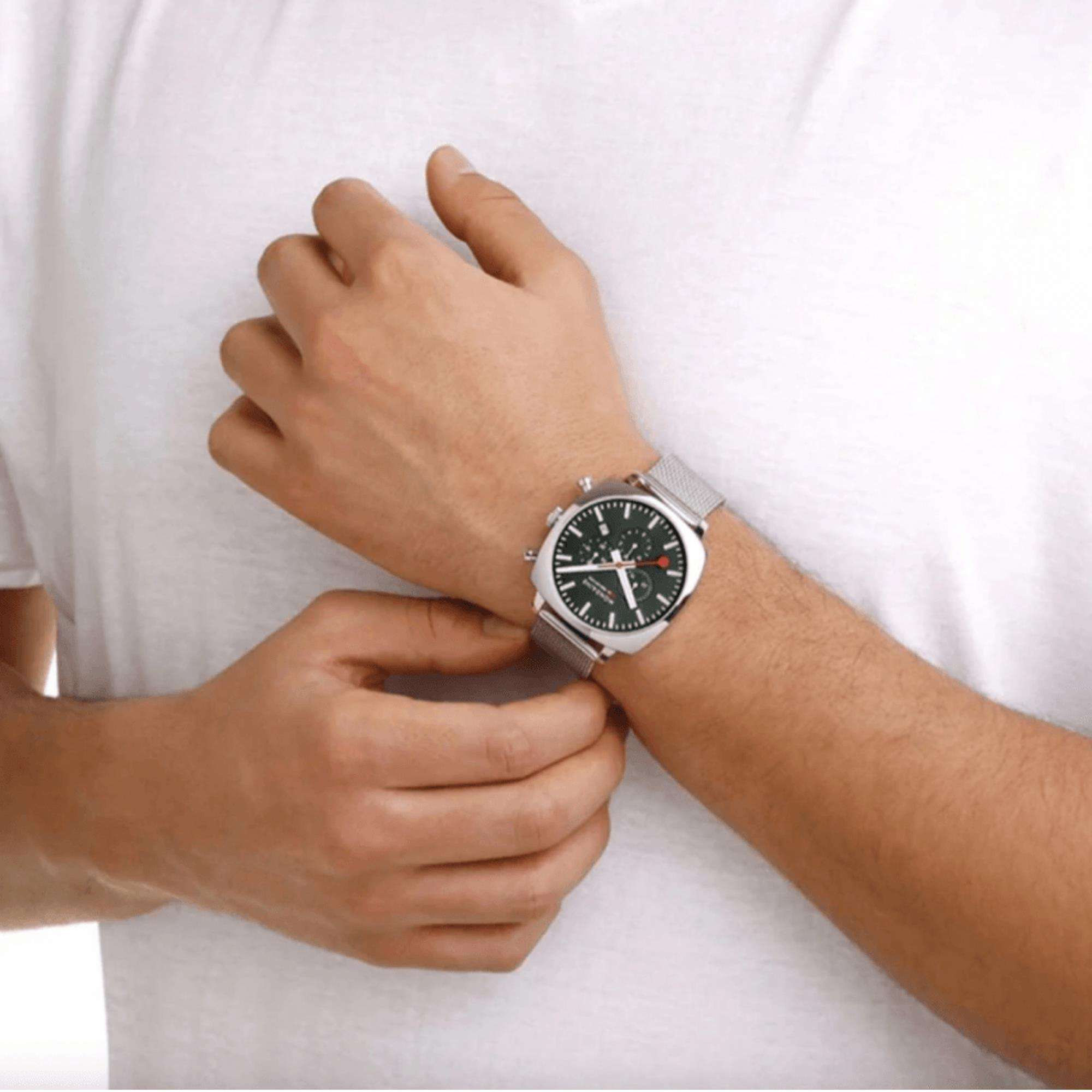 Mondaine Cushion 41mm Chronograph Green Dial Textile Mens Quartz Watch MSL.41460.LF.SET