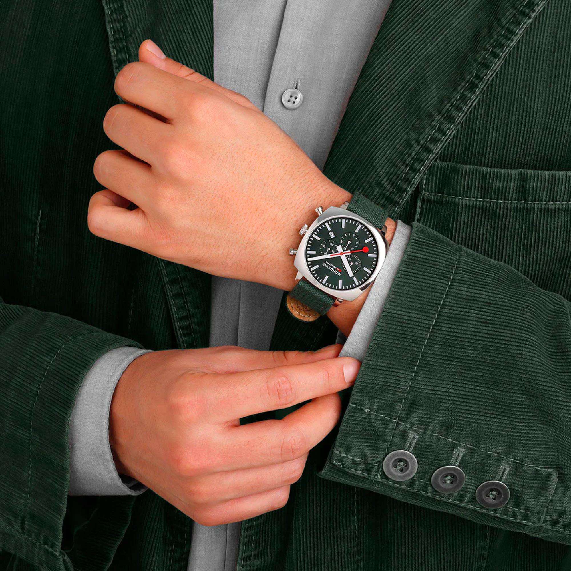 Mondaine Cushion 41mm Chronograph Green Dial Textile Mens Quartz Watch MSL.41460.LF.SET