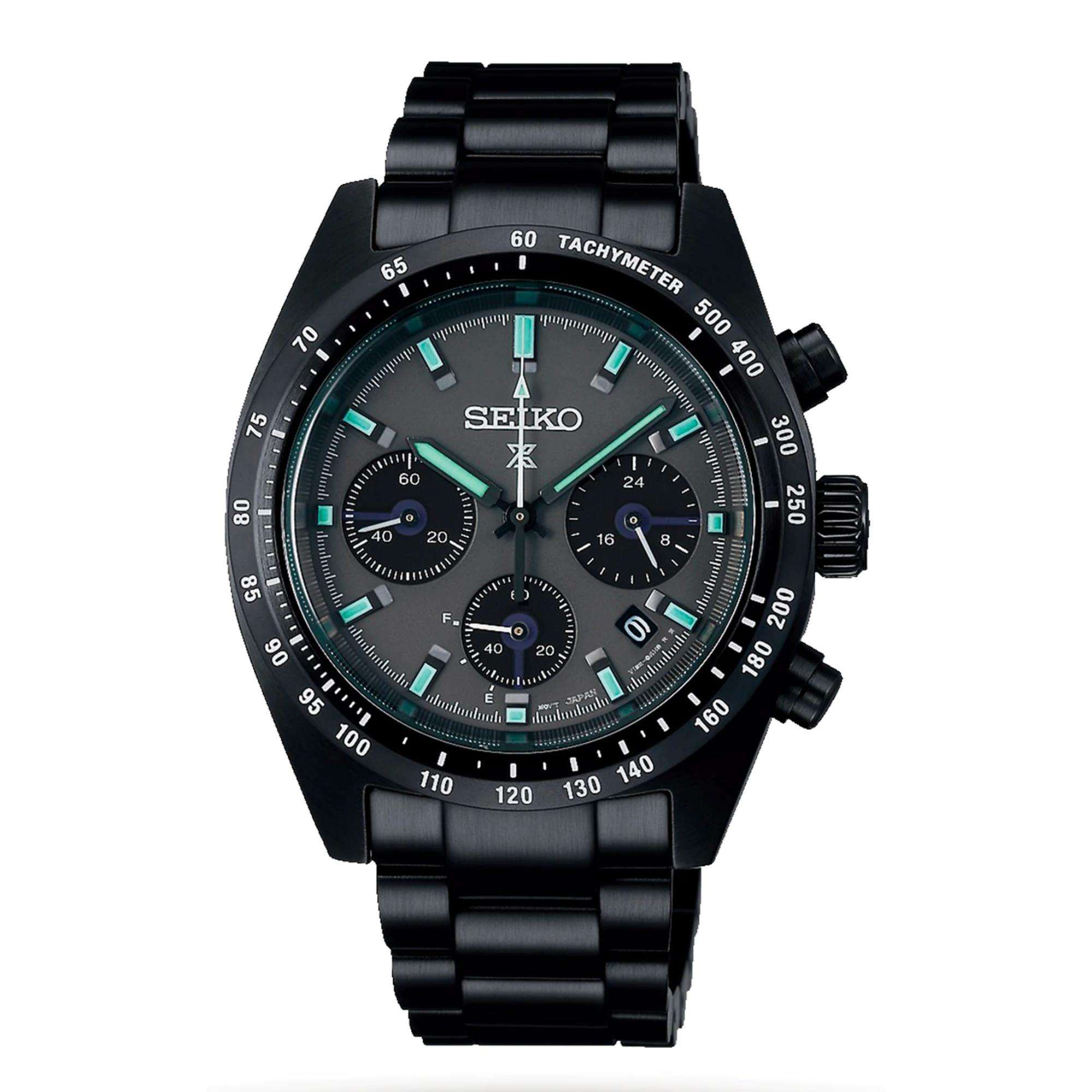 Seiko Prospex 'Black Series' Speedtimer Solar Chronograph Black Dial Steel Bracelet Men's Watch SSC917P1