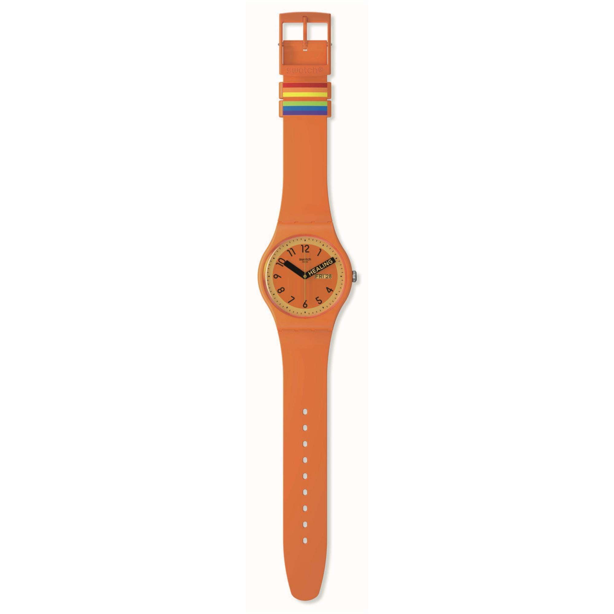 Swatch Pride 'Proudly Orange' Quarz Oranges Zifferblatt Uhr SO29O700