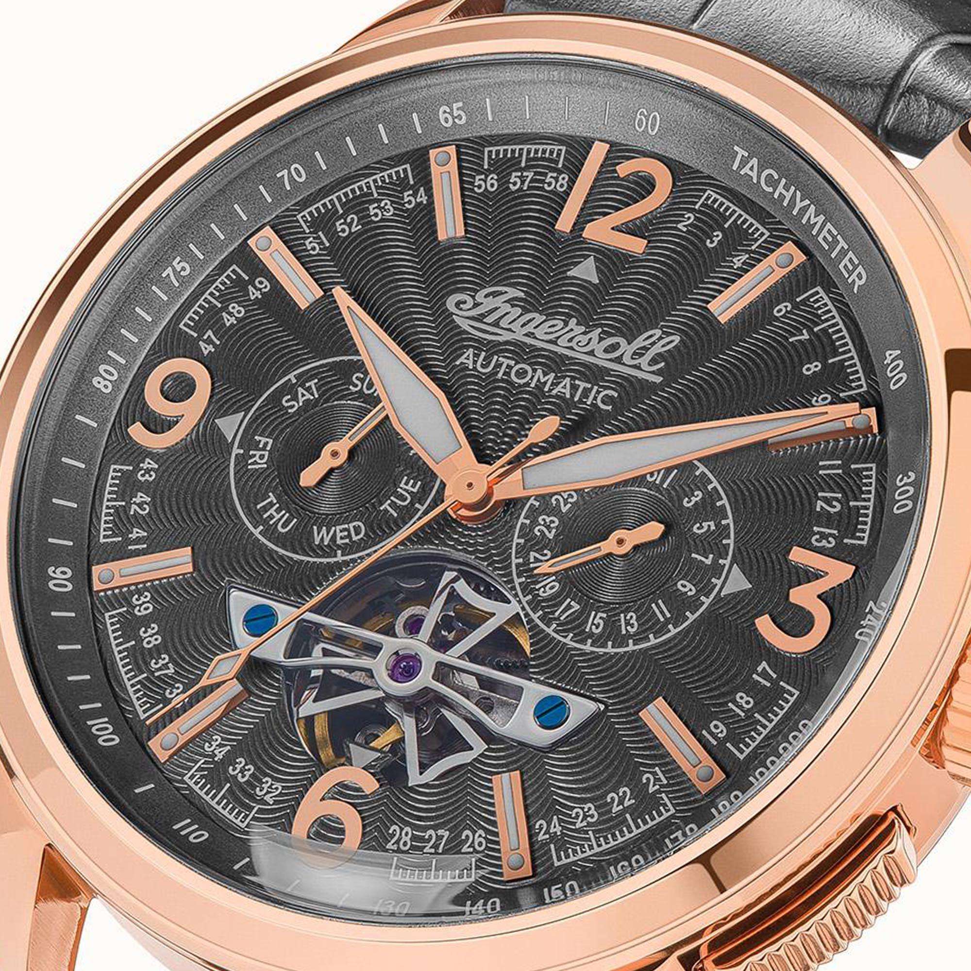 Ingersoll The Regent Automatik Schwarz Zifferblatt Lederarmband Herren Uhr I00302B