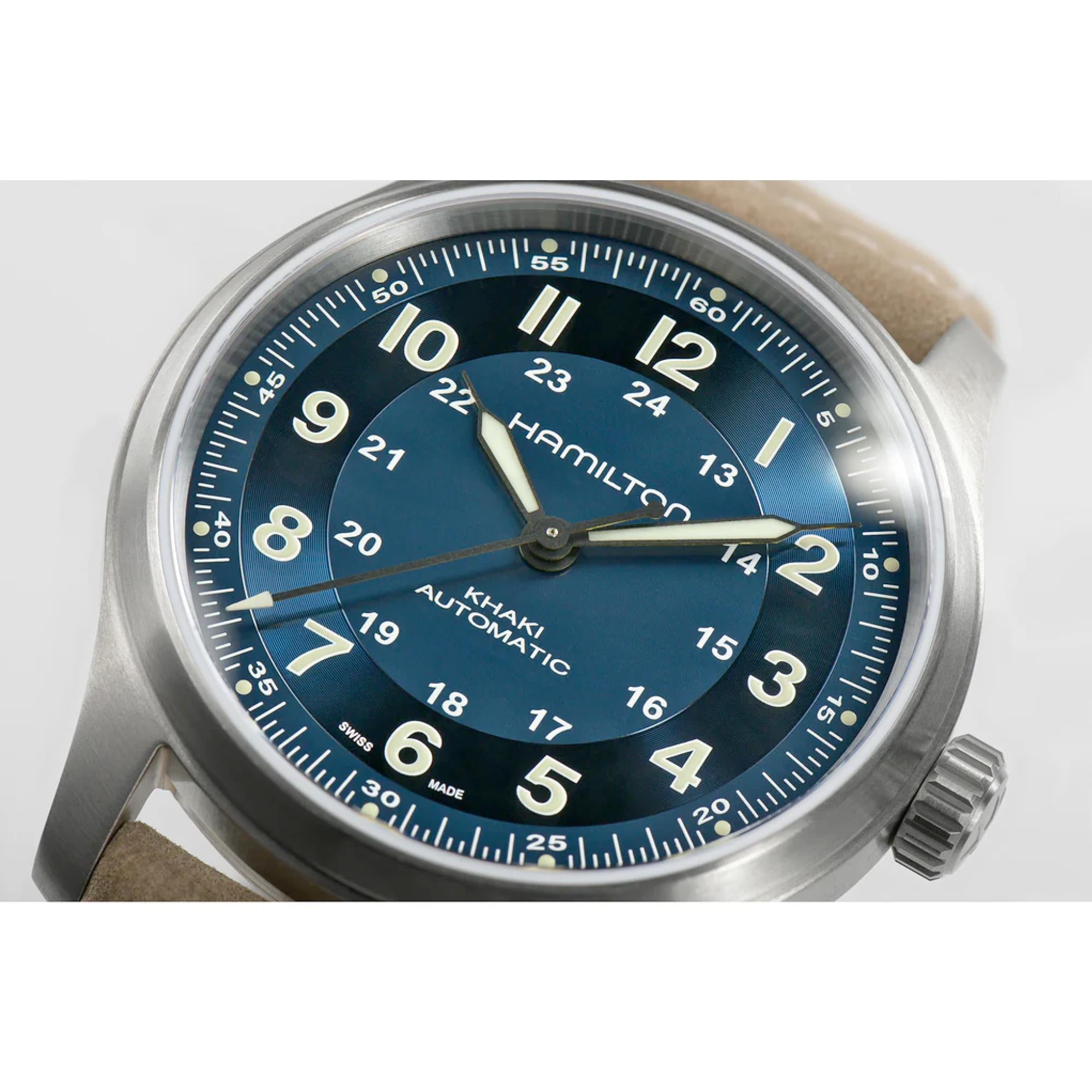 Hamilton Khaki Field H70545540 blue dial with Arabic numerals and 24-hour inner track close-up