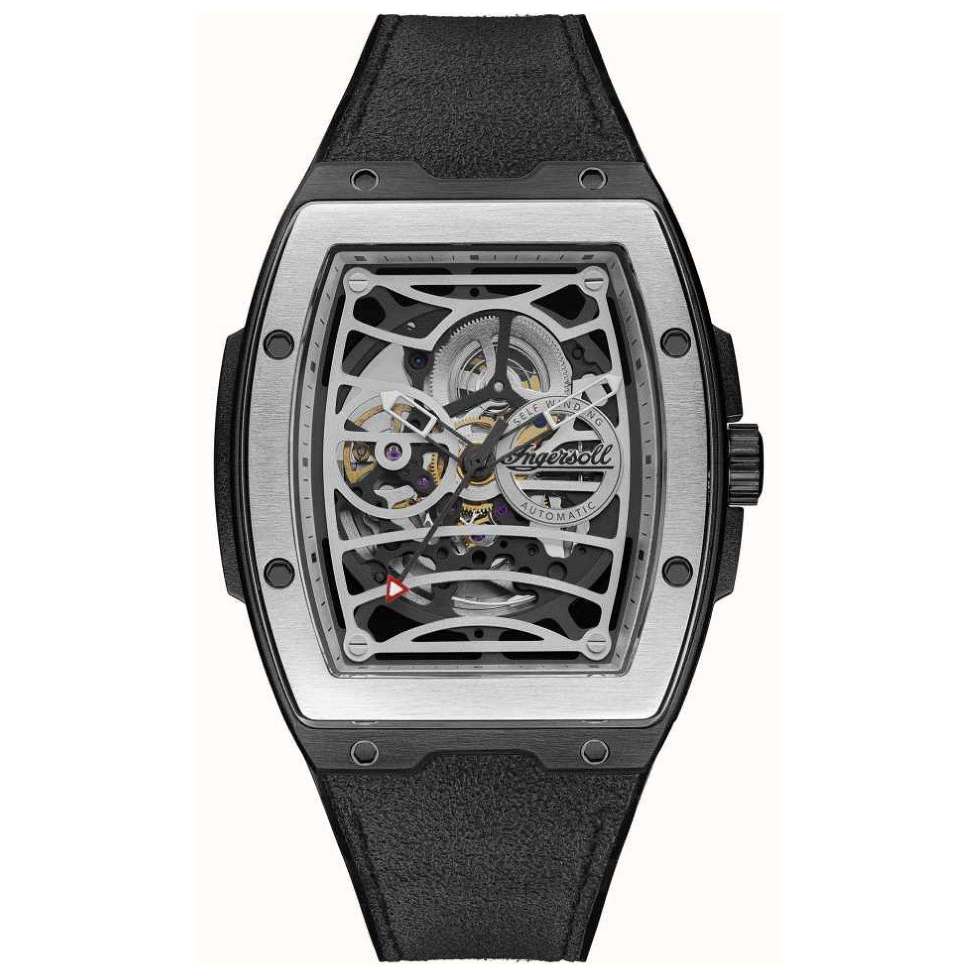 Ingersoll The Challenger 1892 Automatik Herren Uhr Silbernes Zifferblatt Schwarzes PU-Alcantara-Armband I12306