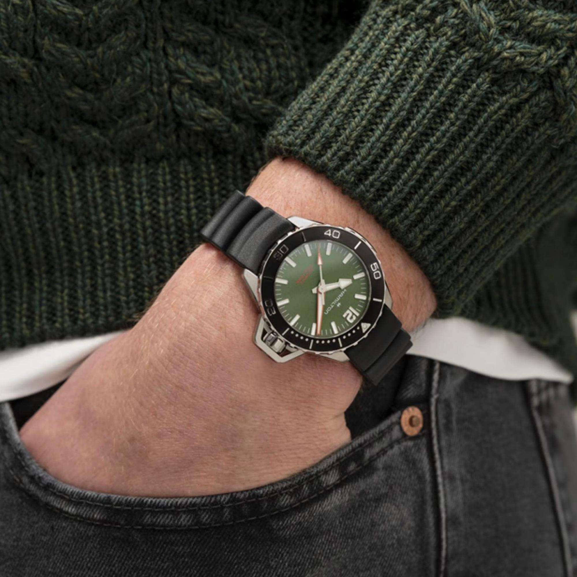 Hamilton Khaki Navy 41mm Grünes Zifferblatt Gummi Herren Automatik Uhr H77455360