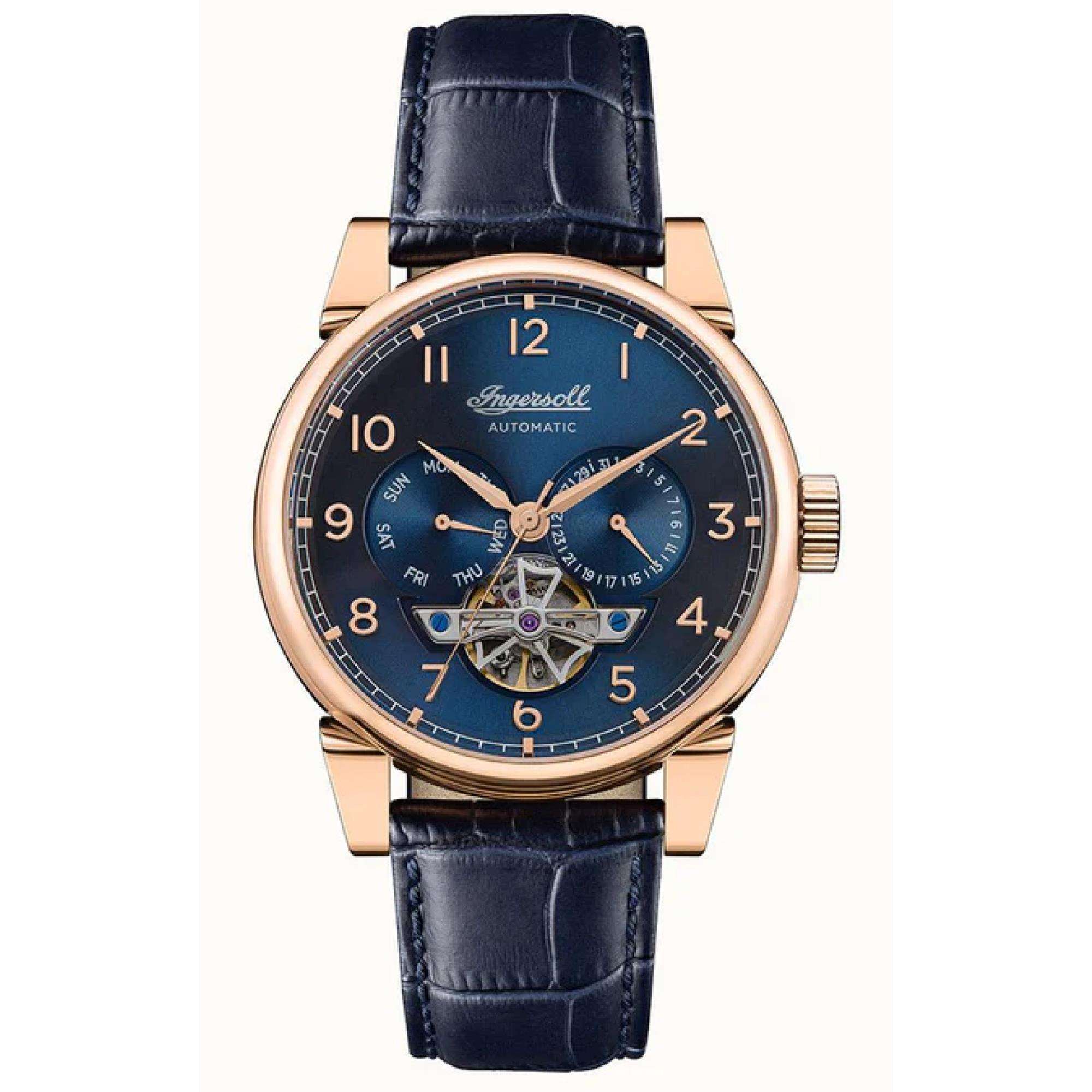 Ingersoll The Swing 1892 Herren Automatik Uhr Blaues Zifferblatt Blaues Lederarmband I12702
